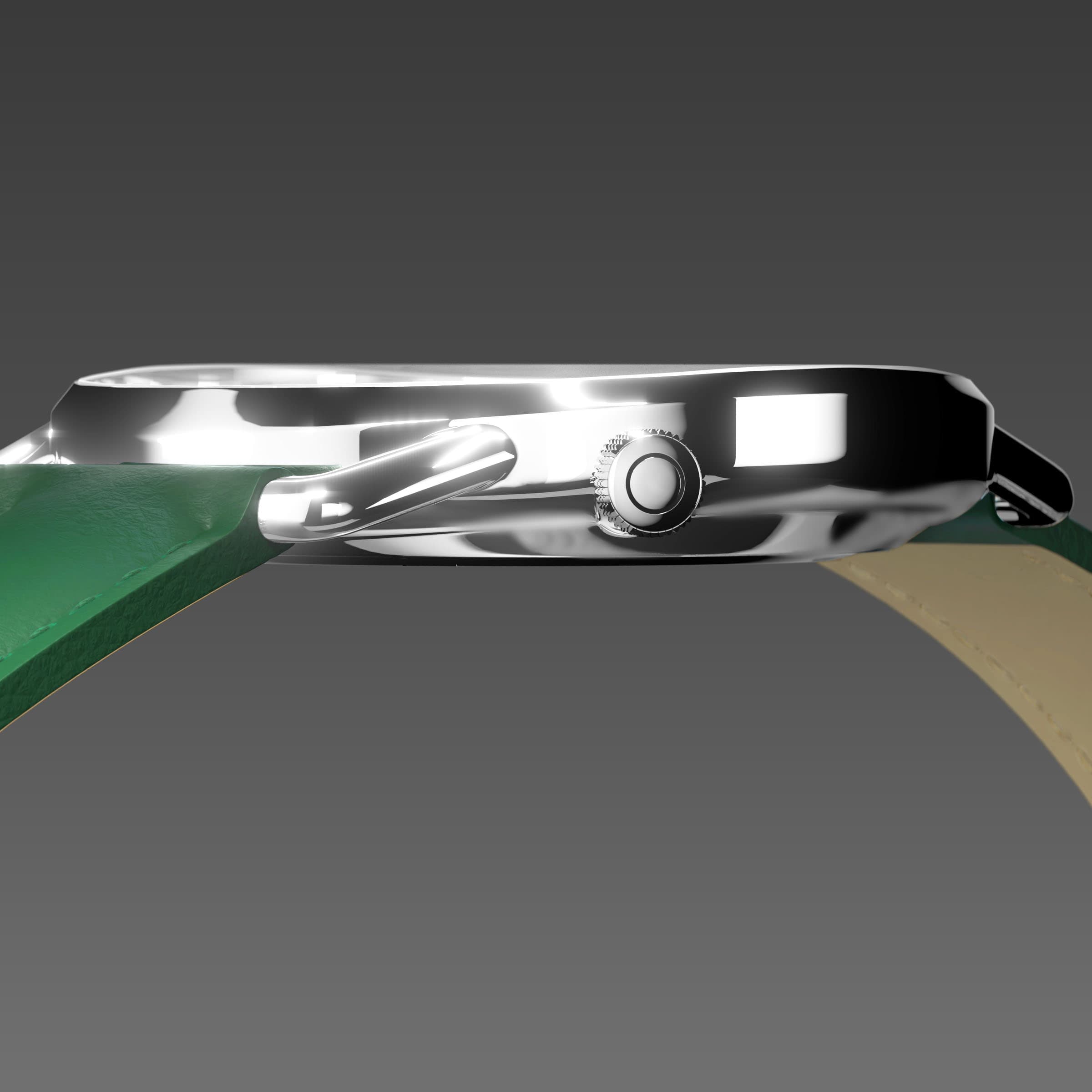 Side profile of the slim Solios Solar Curve, 10mm-thin silver case and crown, the black dial variation, green vegan leather strap