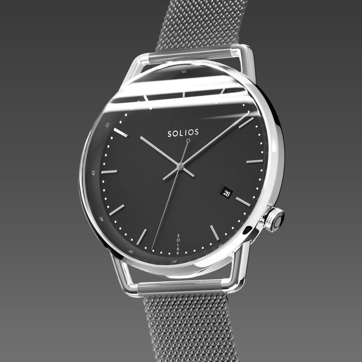 Solios Solar Curve, black dial and silver case, at a three-quarter angle, silver and indices, date calendar, curved sapphire crystal, dark grey mesh metal strap