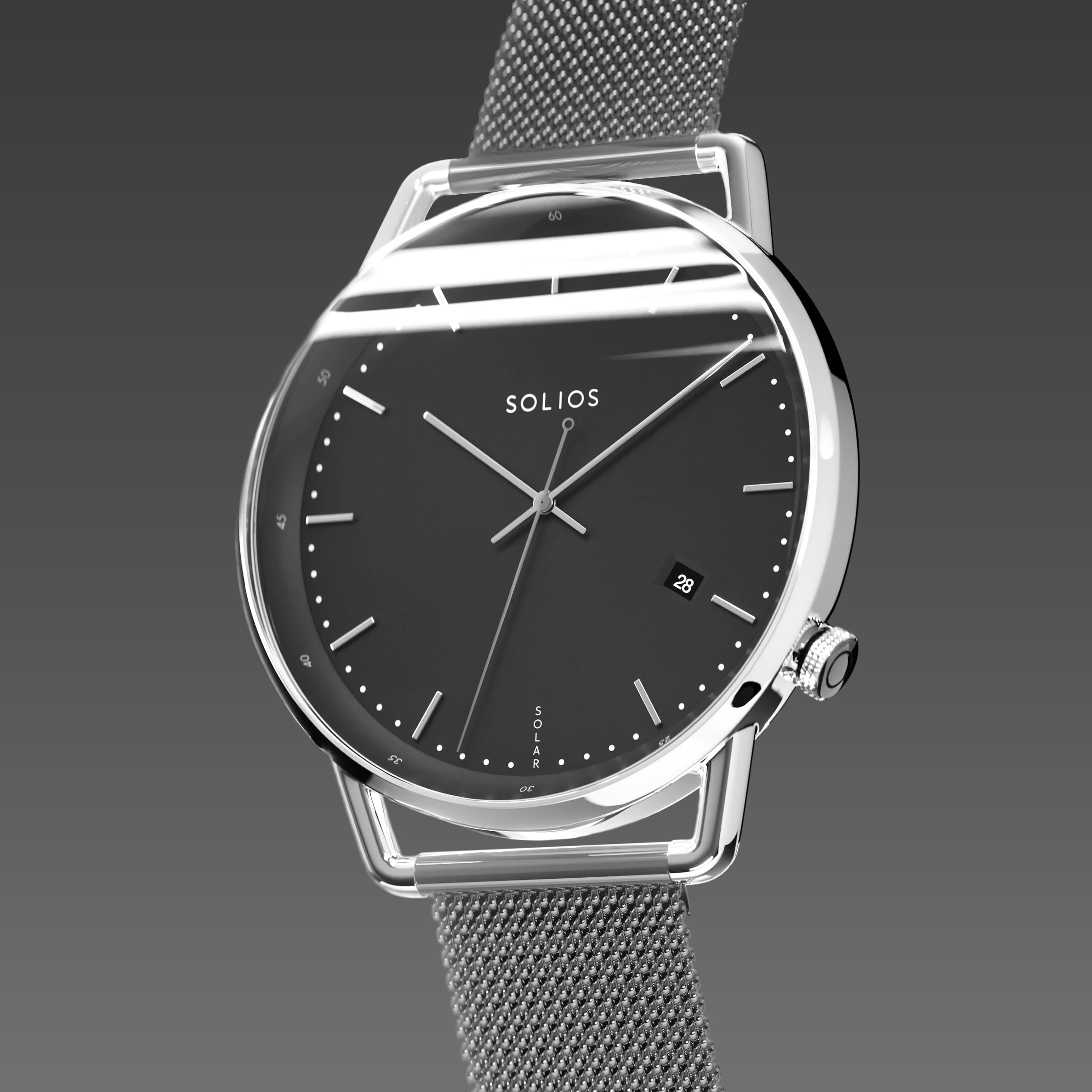 Solios Solar Curve, black dial and silver case, at a three-quarter angle, silver and indices, date calendar, curved sapphire crystal, dark grey mesh metal strap