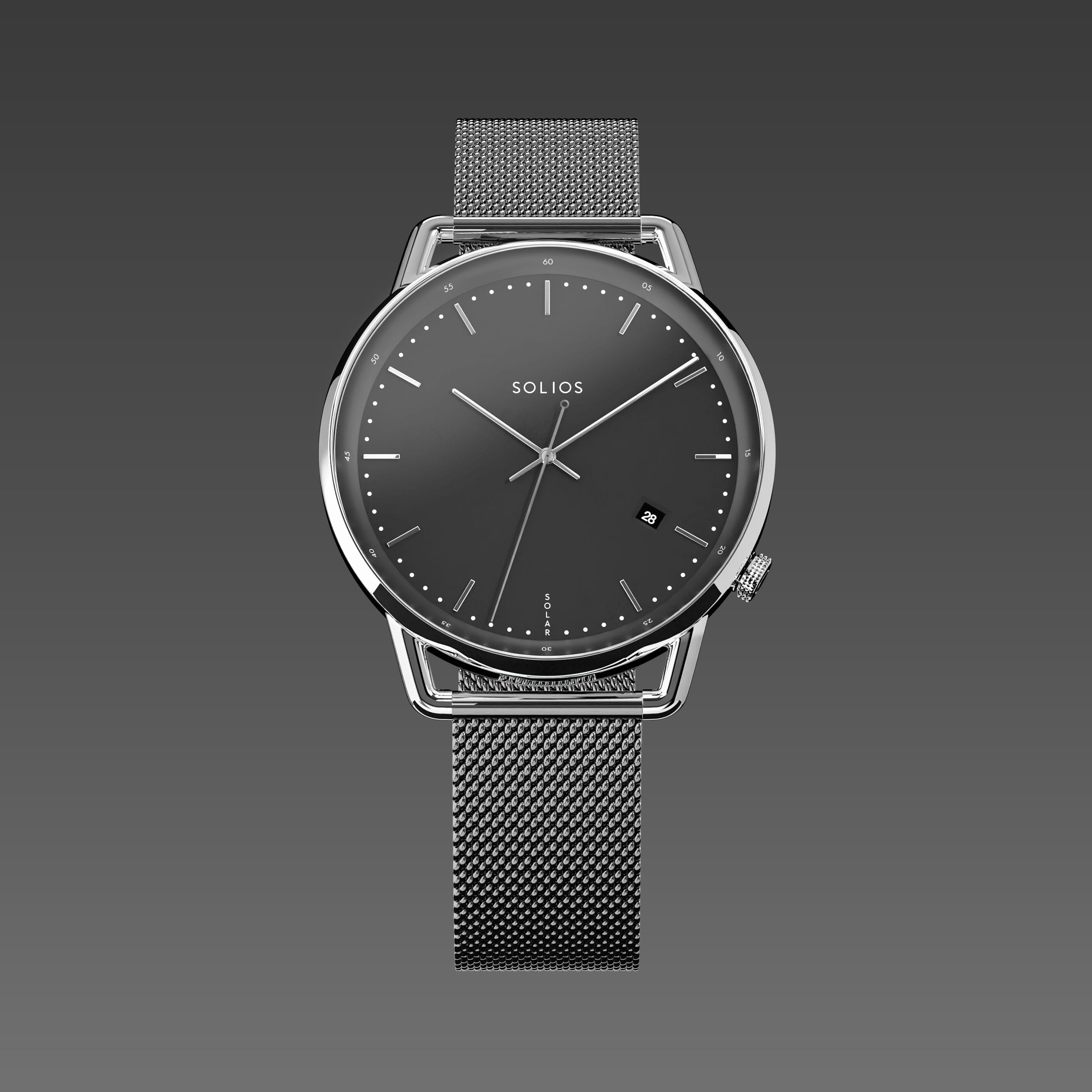 Solios Solar Curve watch, black dial and silver 40mm case, on a grey mesh metal strap, front view