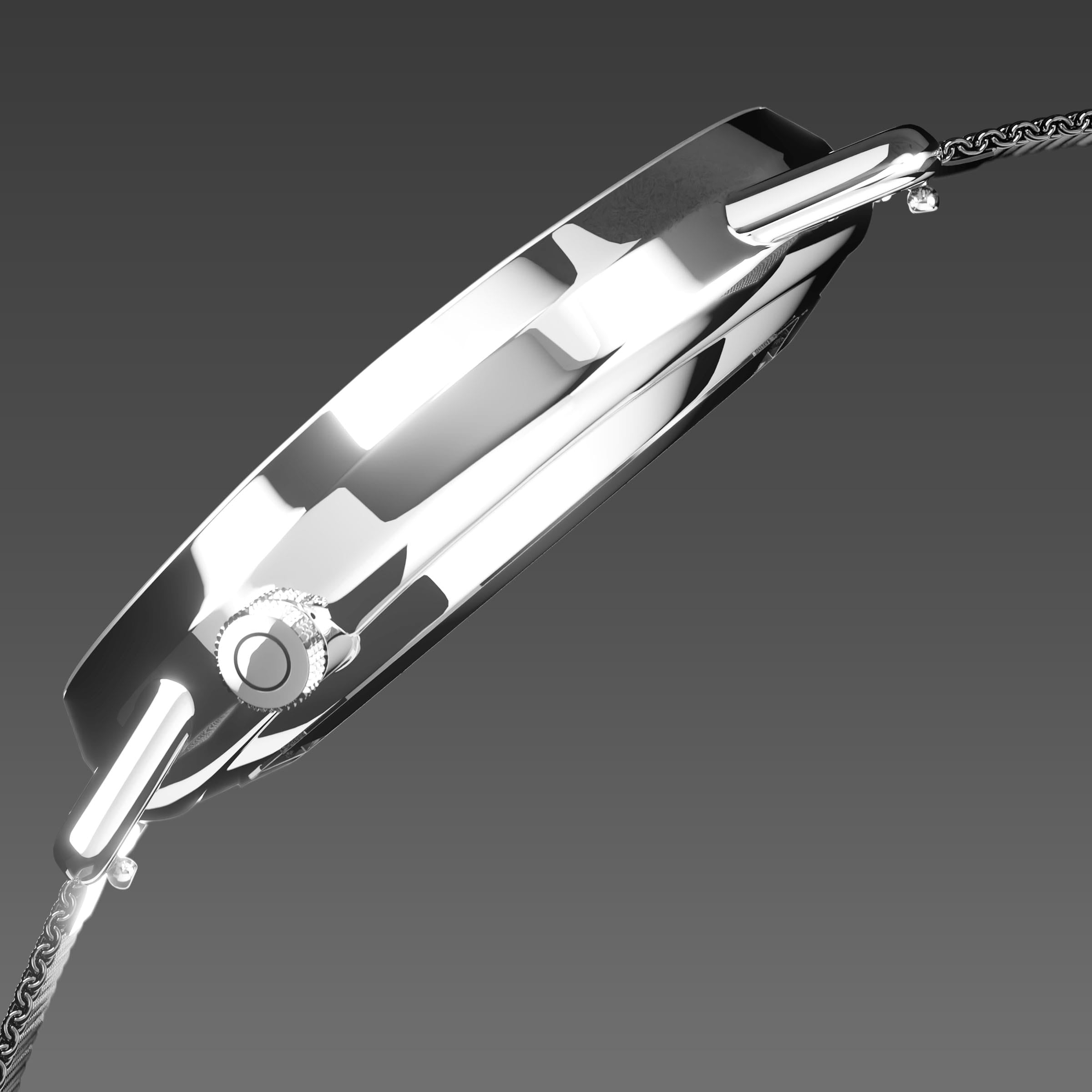 Side profile of the Solios Solar Curve, black dial and silver case, showing its curved sapphire crystal and crown, dark grey mesh metal strap