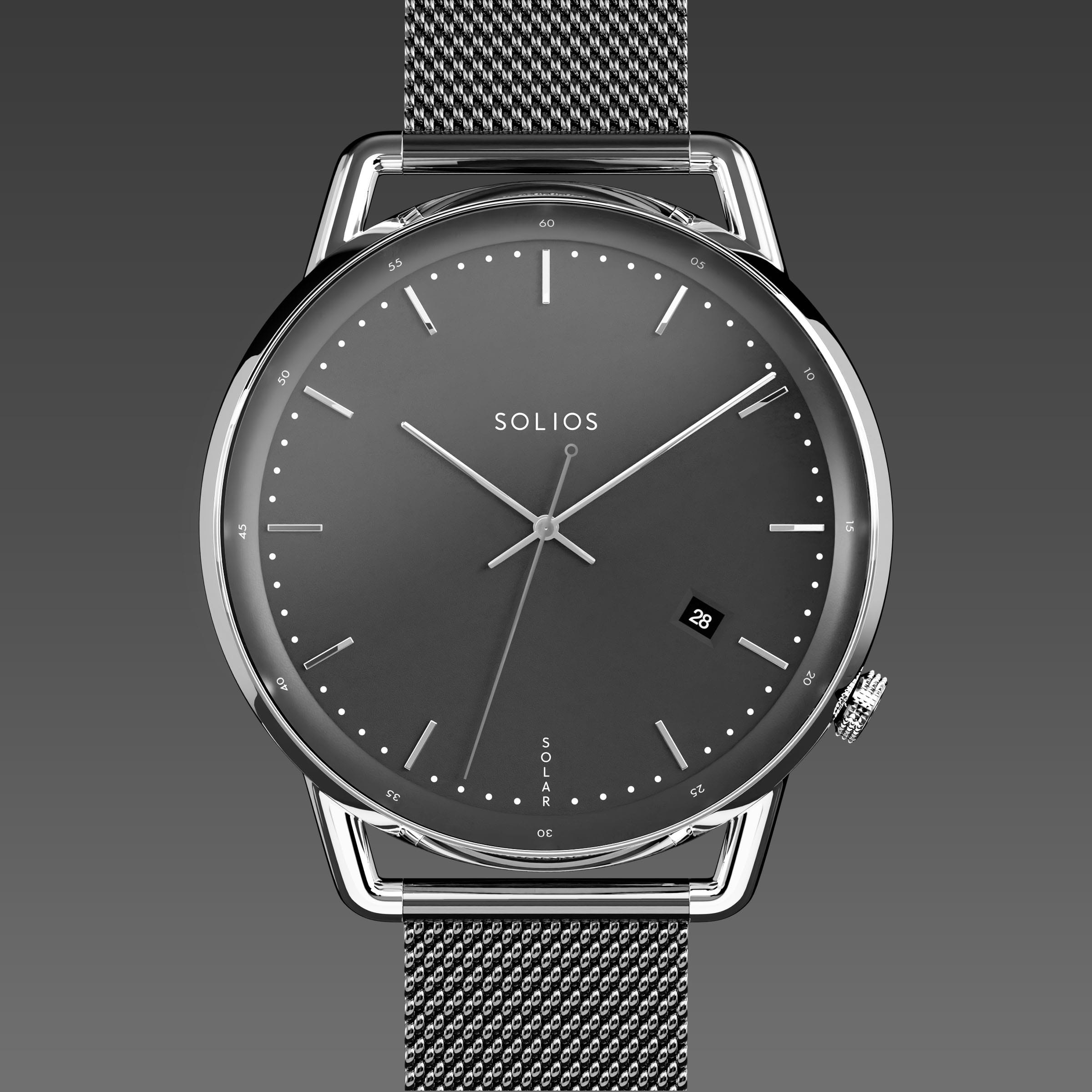 Solios Solar Curve solar watch, black dial and silver 40mm case, grey mesh metal strap, close up front view