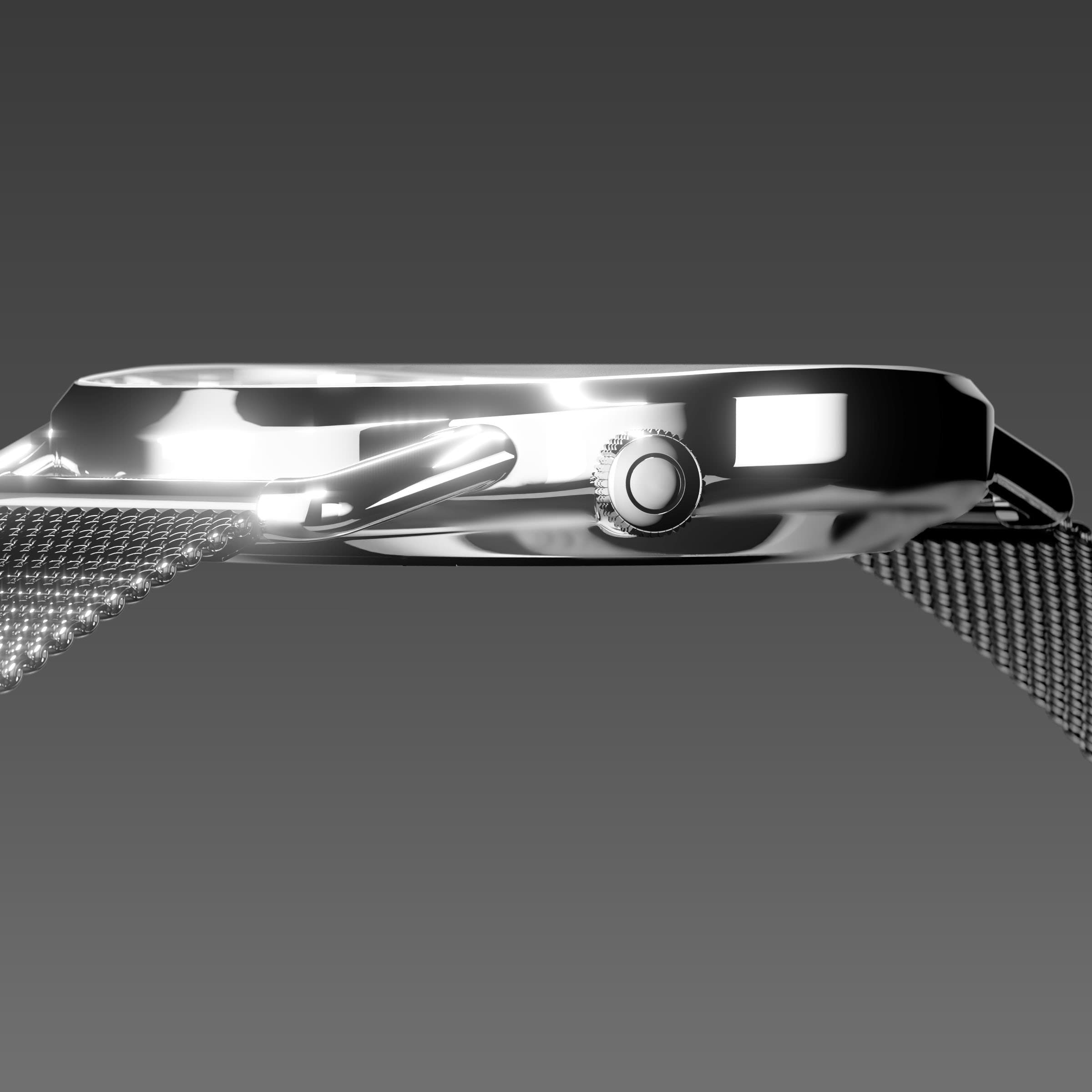 Side profile of the slim Solios Solar Curve, 10mm-thin silver case and crown, the black dial variation, grey mesh metal strap
