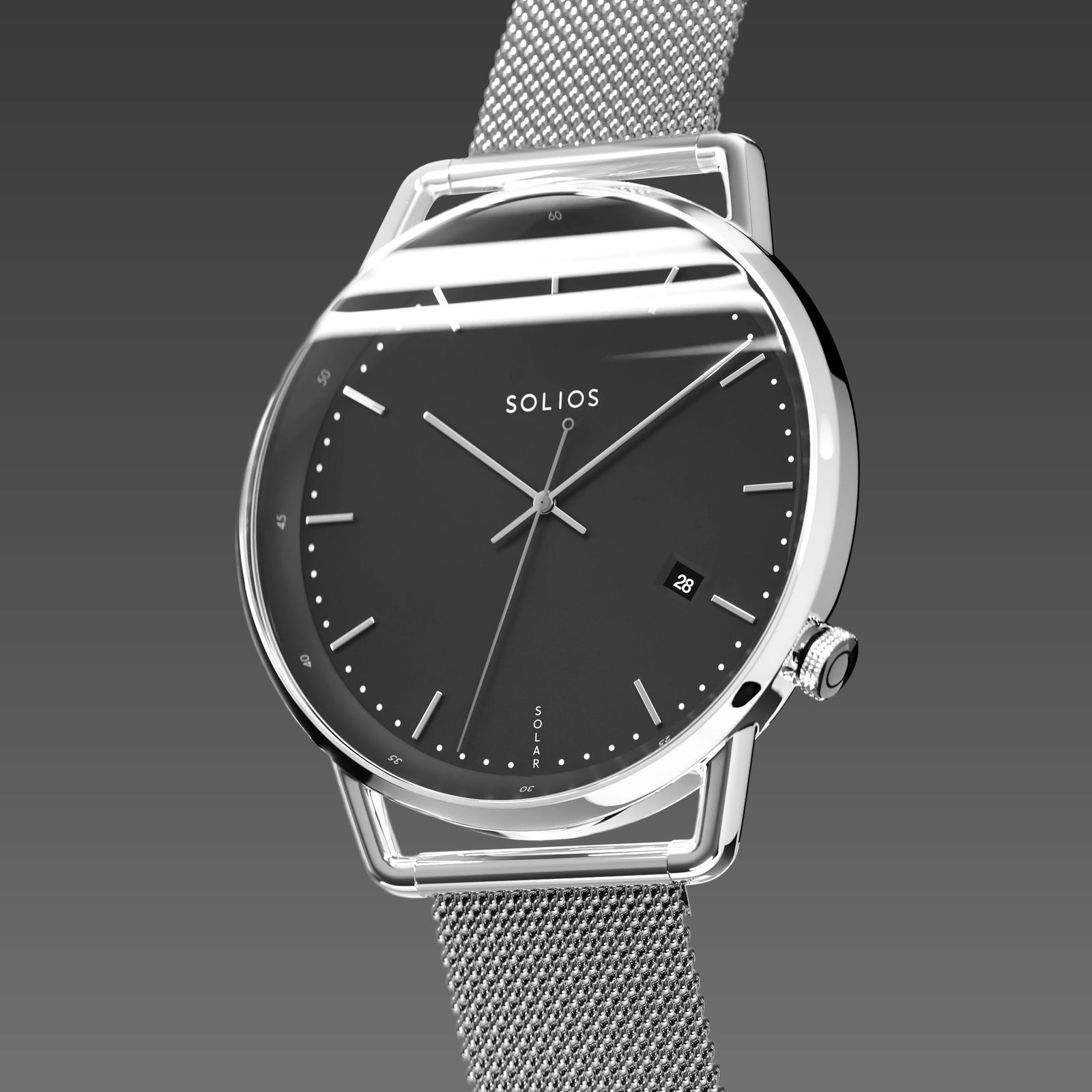 Solios Solar Curve, black dial and silver case, at a three-quarter angle, silver and indices, date calendar, curved sapphire crystal, silver mesh metal strap