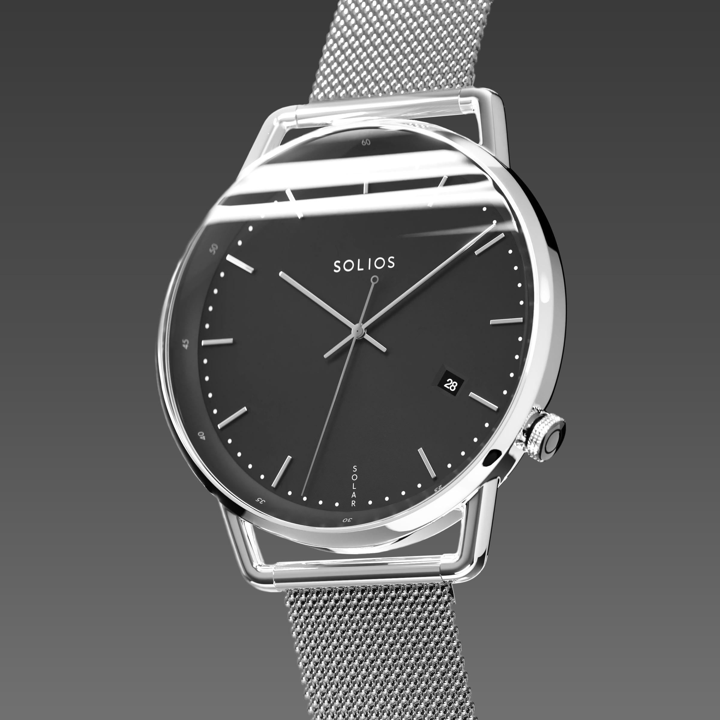 Solios Solar Curve, black dial and silver case, at a three-quarter angle, silver and indices, date calendar, curved sapphire crystal, silver mesh metal strap