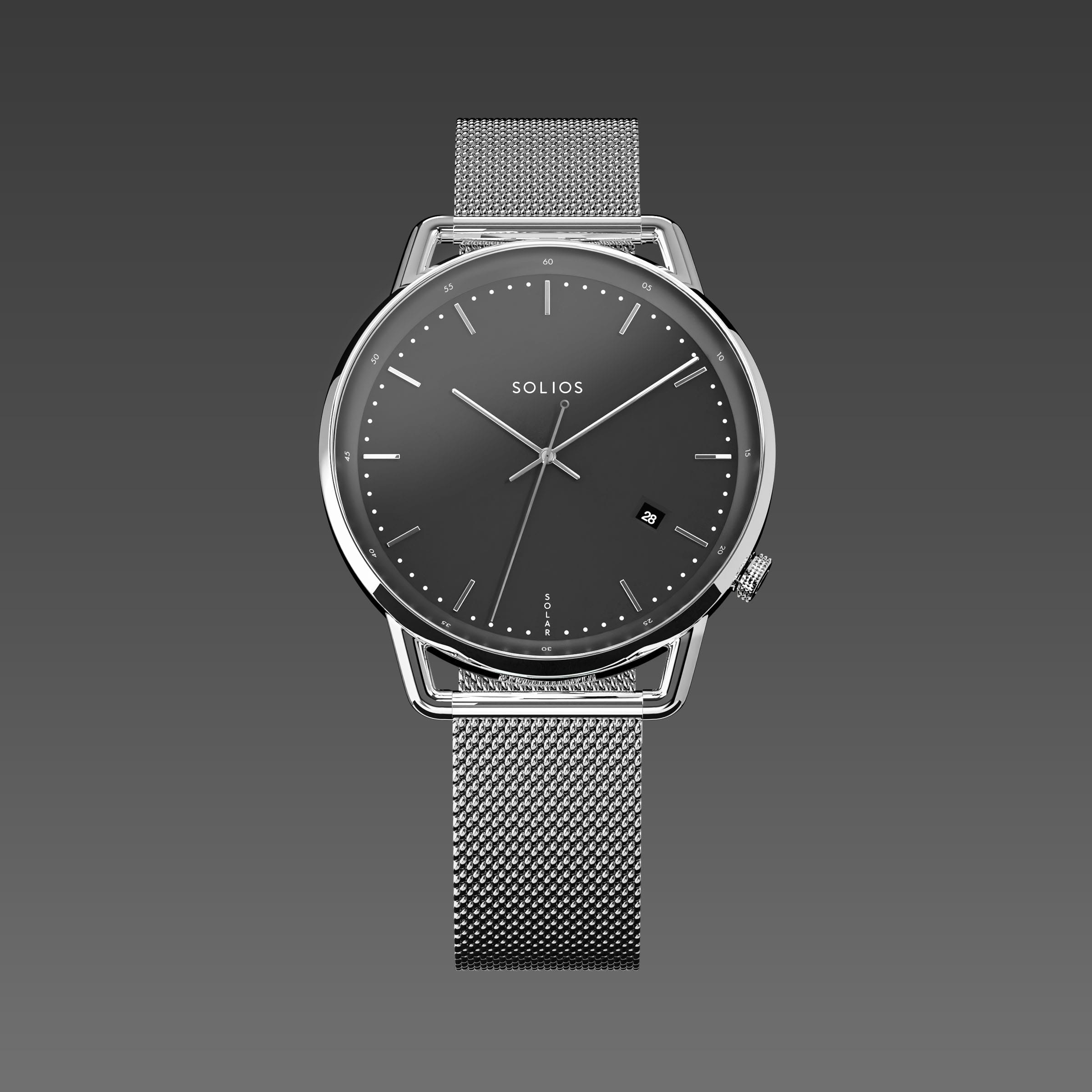 Solios Solar Curve watch, black dial and silver 40mm case, on a silver mesh metal strap, front view