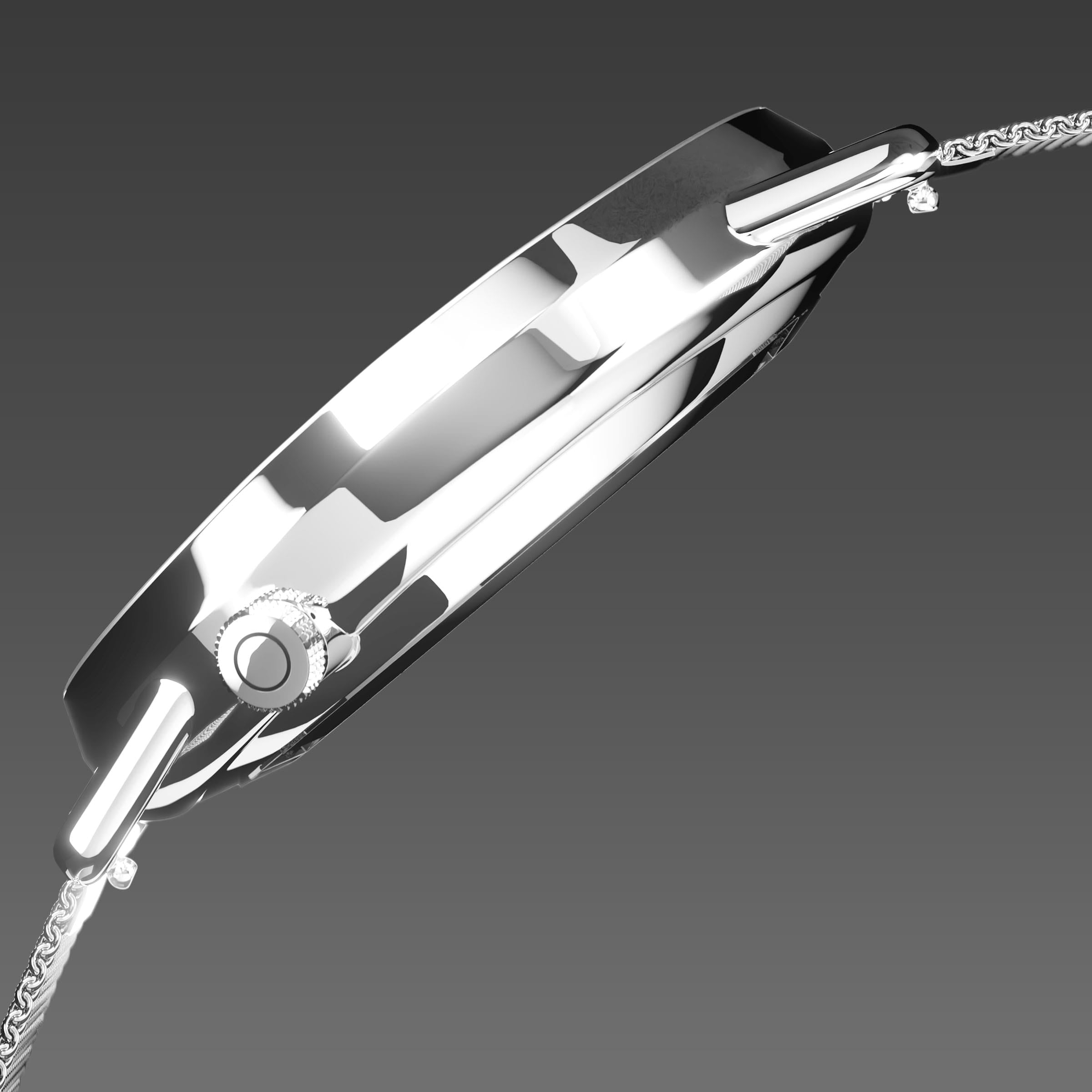 Side profile of the Solios Solar Curve, black dial and silver case, showing its curved sapphire crystal and crown, silver mesh metal strap