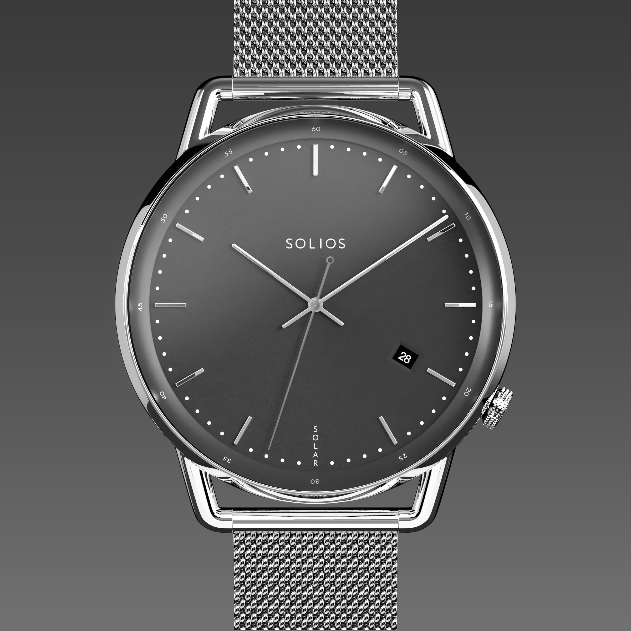 Solios Solar Curve solar watch, black dial and silver 40mm case, silver mesh metal strap, close up front view