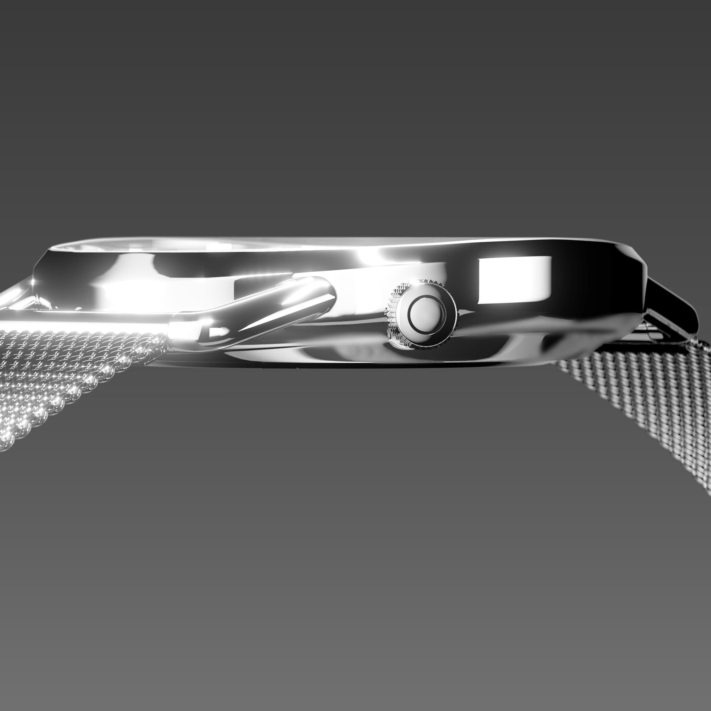 Side profile of the slim Solios Solar Curve, 10mm-thin silver case and crown, the black dial variation, silver mesh metal strap
