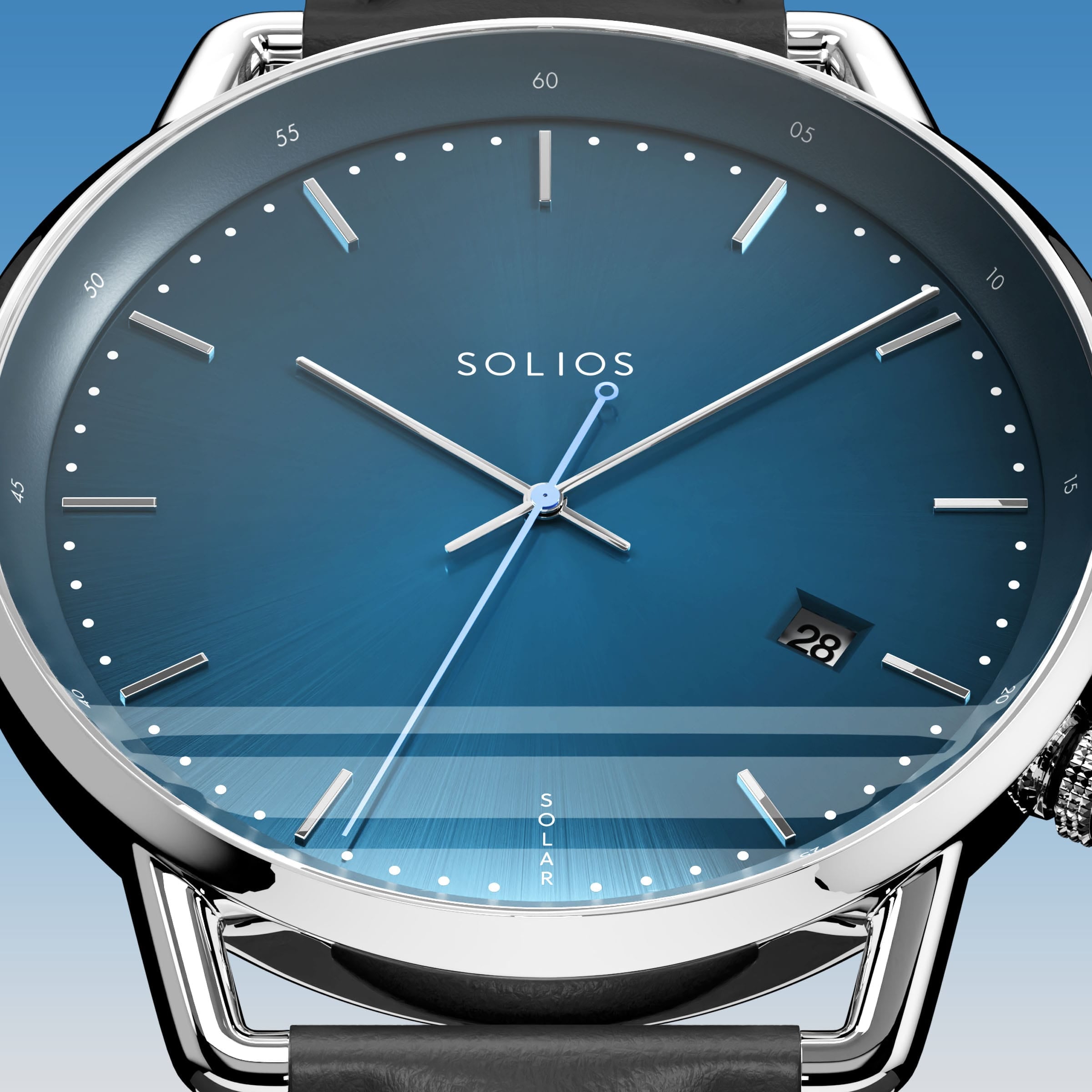 Close-up of the Solios Solar Curve blue dial with silver hands, date and SOLAR text, black eco vegan leather strap