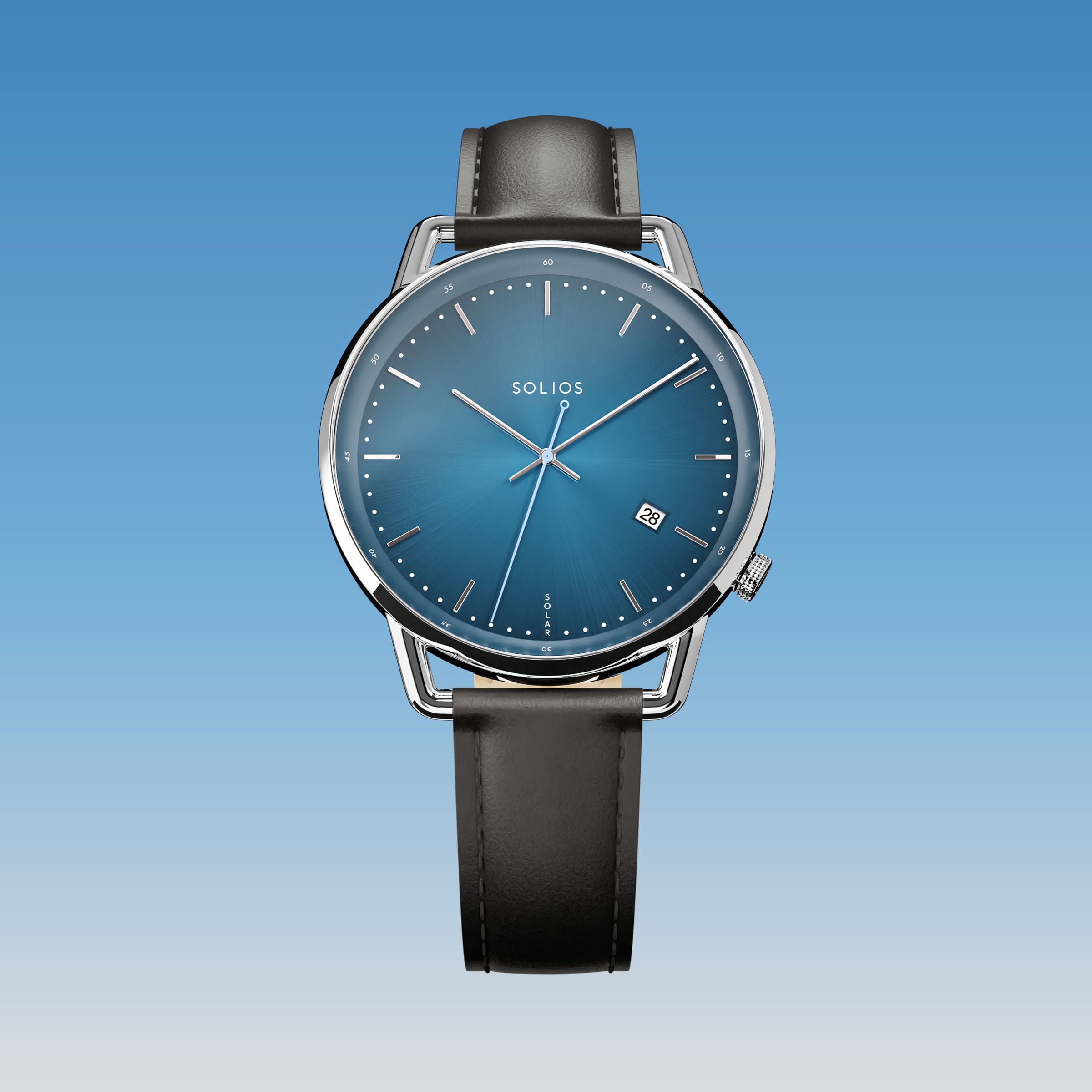Solios Solar Curve watch, blue dial and silver 40mm case, on a black vegan leather strap, front view