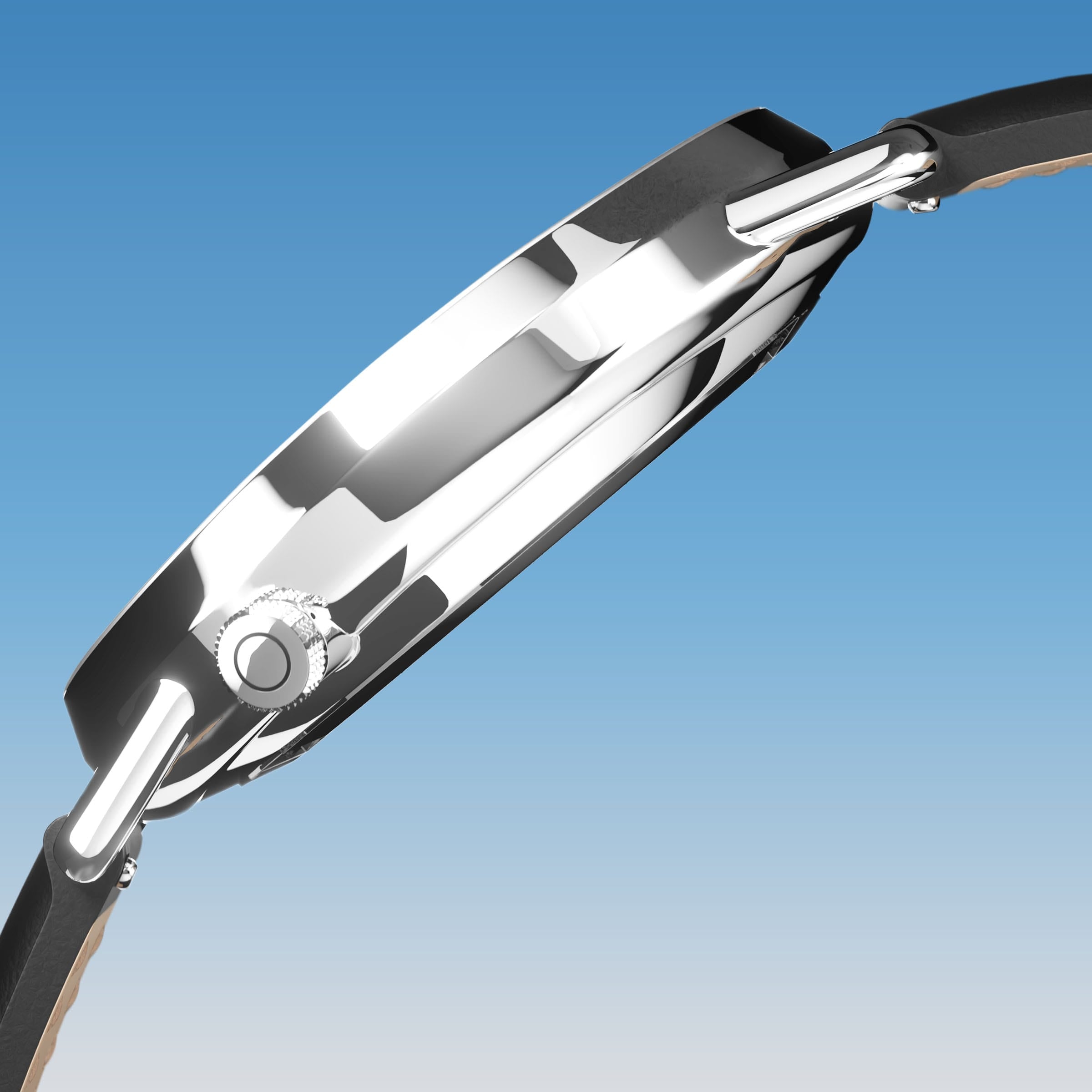 Side profile of the Solios Solar Curve, blue dial and silver case, showing its curved sapphire crystal and crown, black vegan leather strap