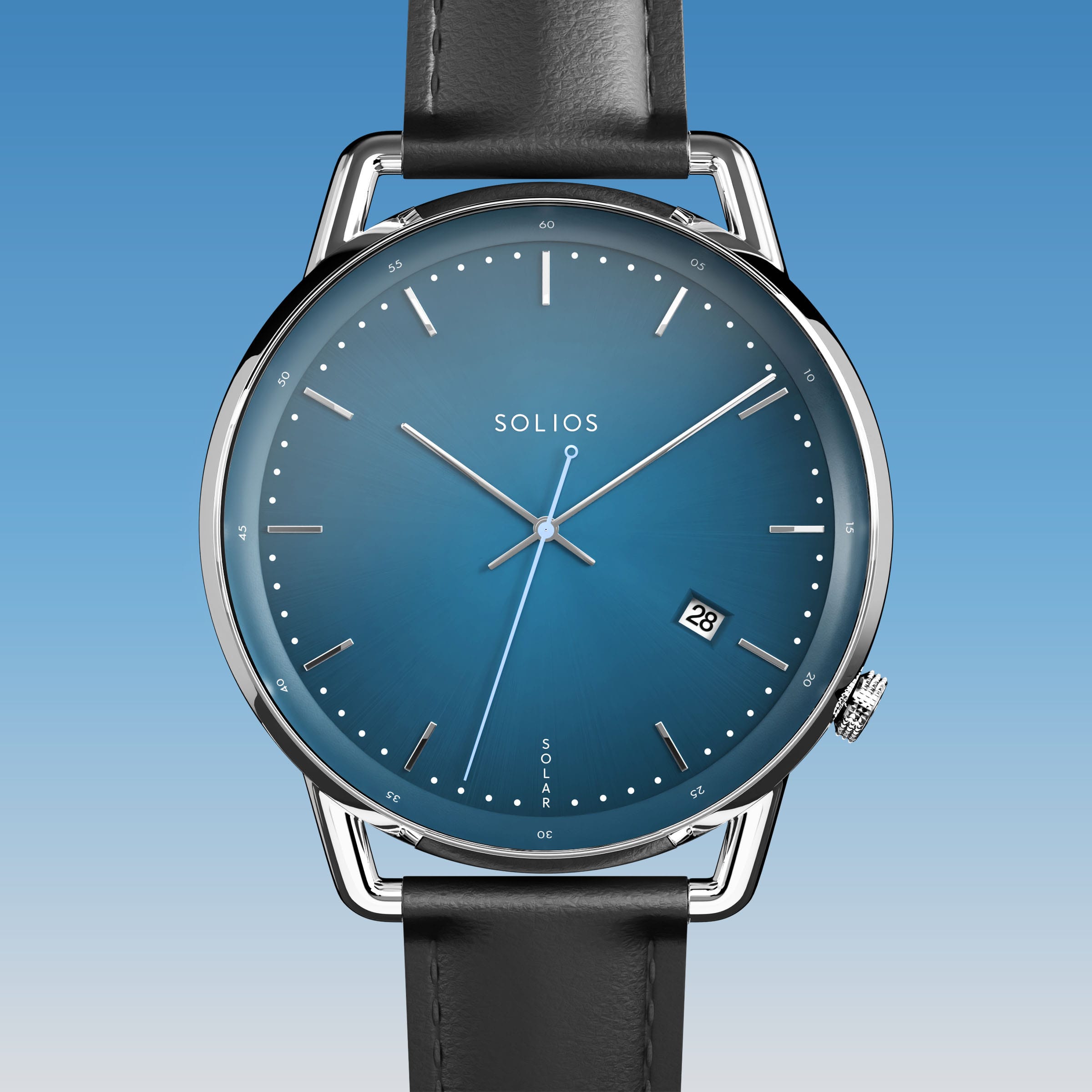 Solios Solar Curve solar watch, blue dial and silver 40mm case, black vegan leather strap, close up front view