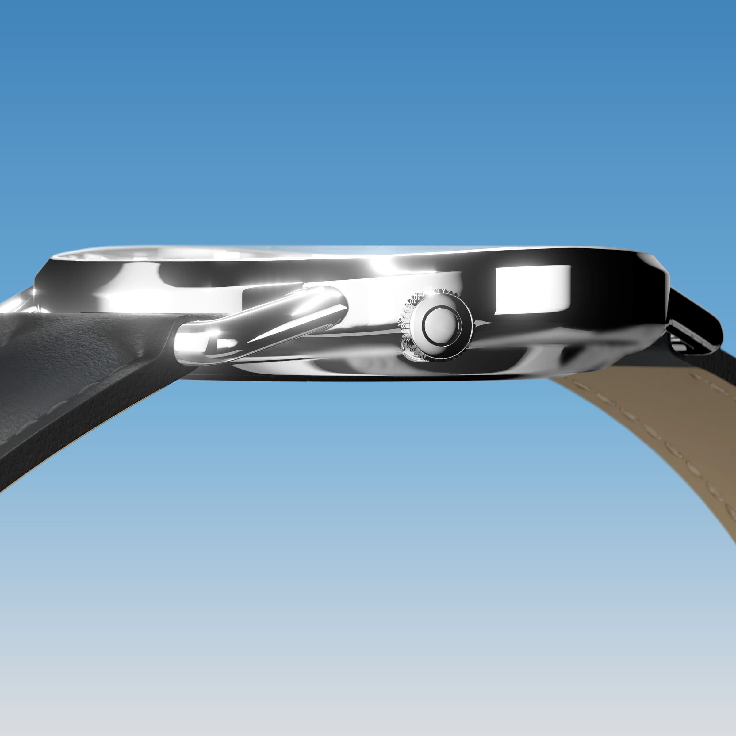 Side profile of the slim Solios Solar Curve, 10mm-thin silver case and crown, the blue dial variation, black eco vegan leather strap