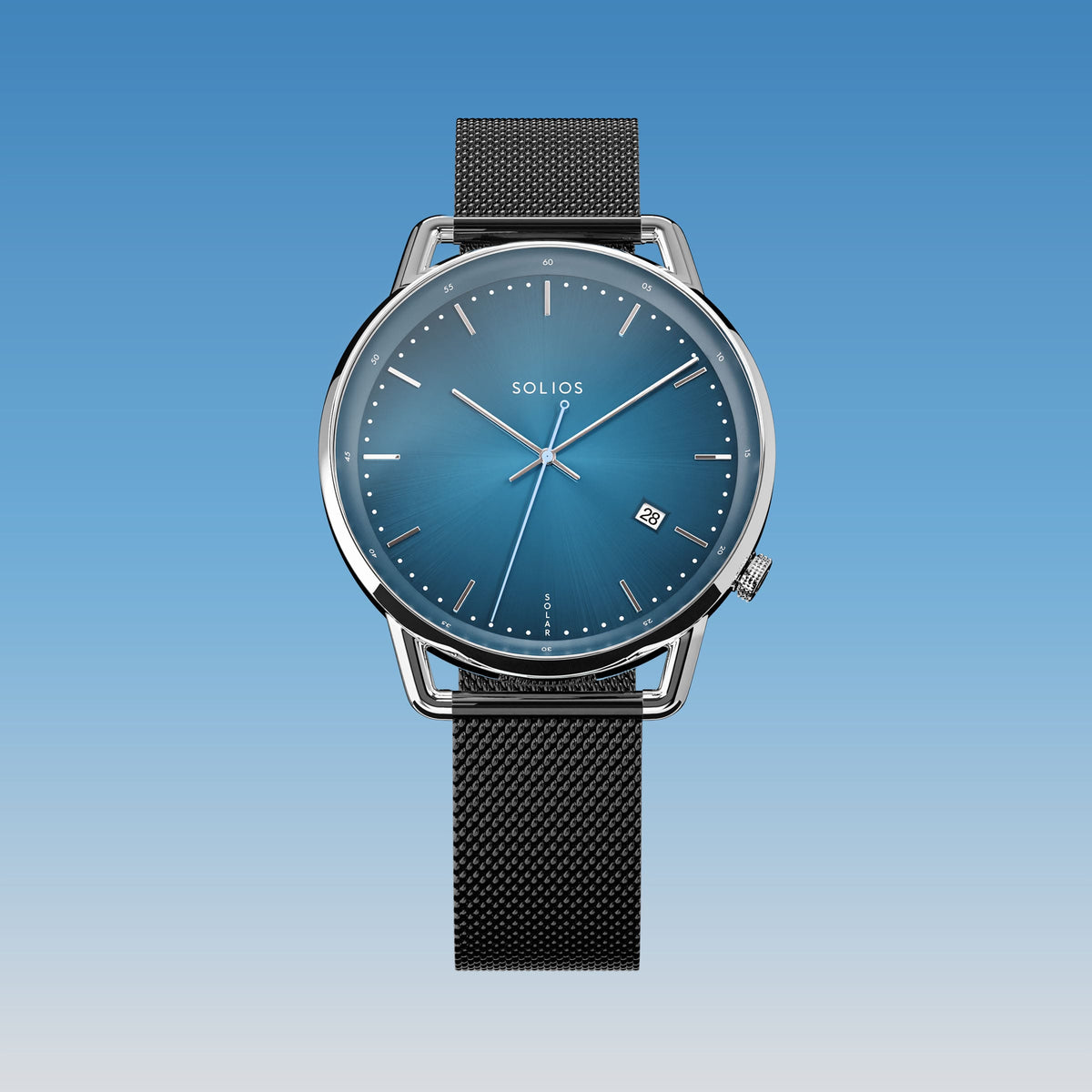Solios Solar Curve watch, blue dial and silver 40mm case, on a black mesh metal strap, front view