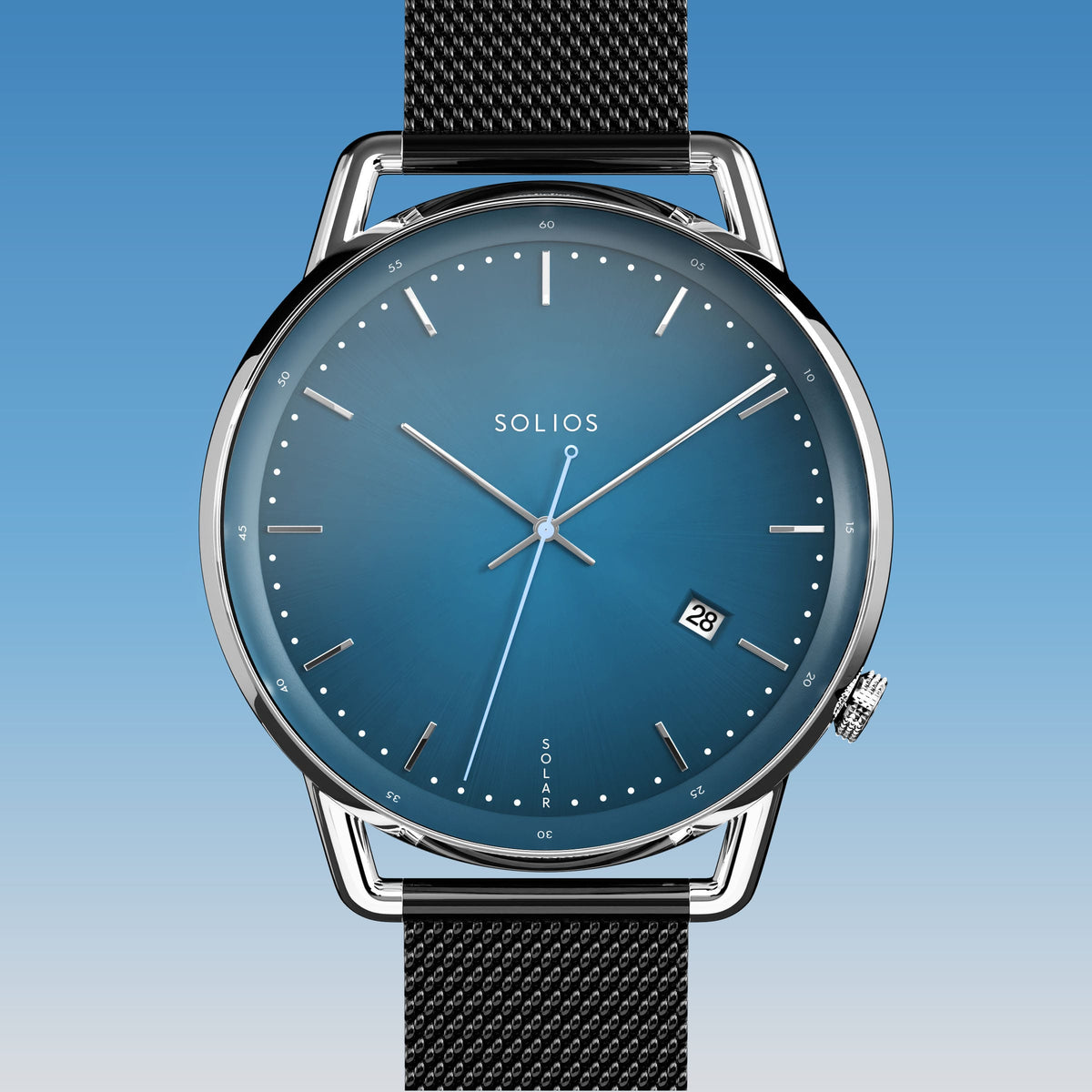 Solios Solar Curve solar watch, blue dial and silver 40mm case, black mesh metal strap, close up front view