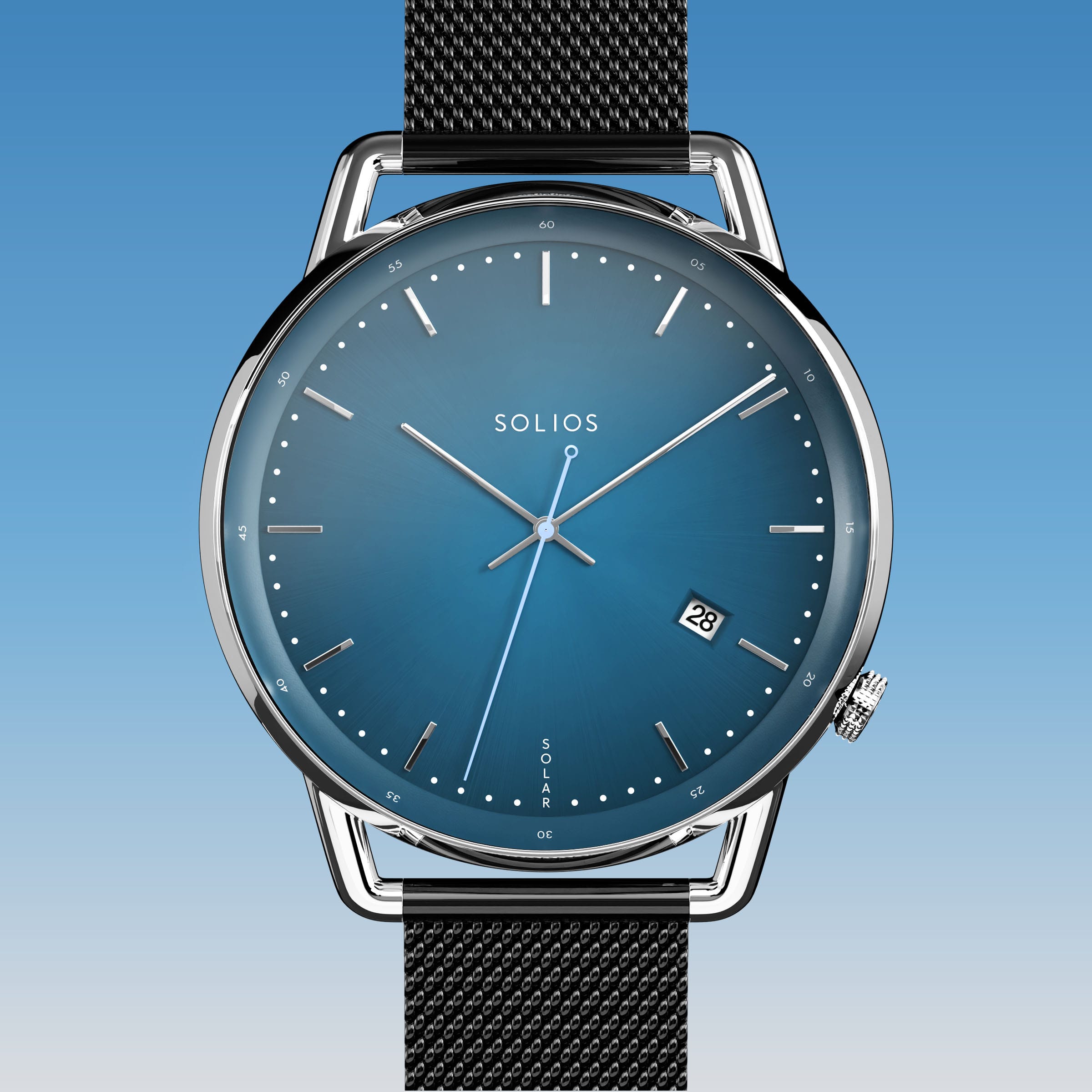Solios Solar Curve solar watch, blue dial and silver 40mm case, black mesh metal strap, close up front view