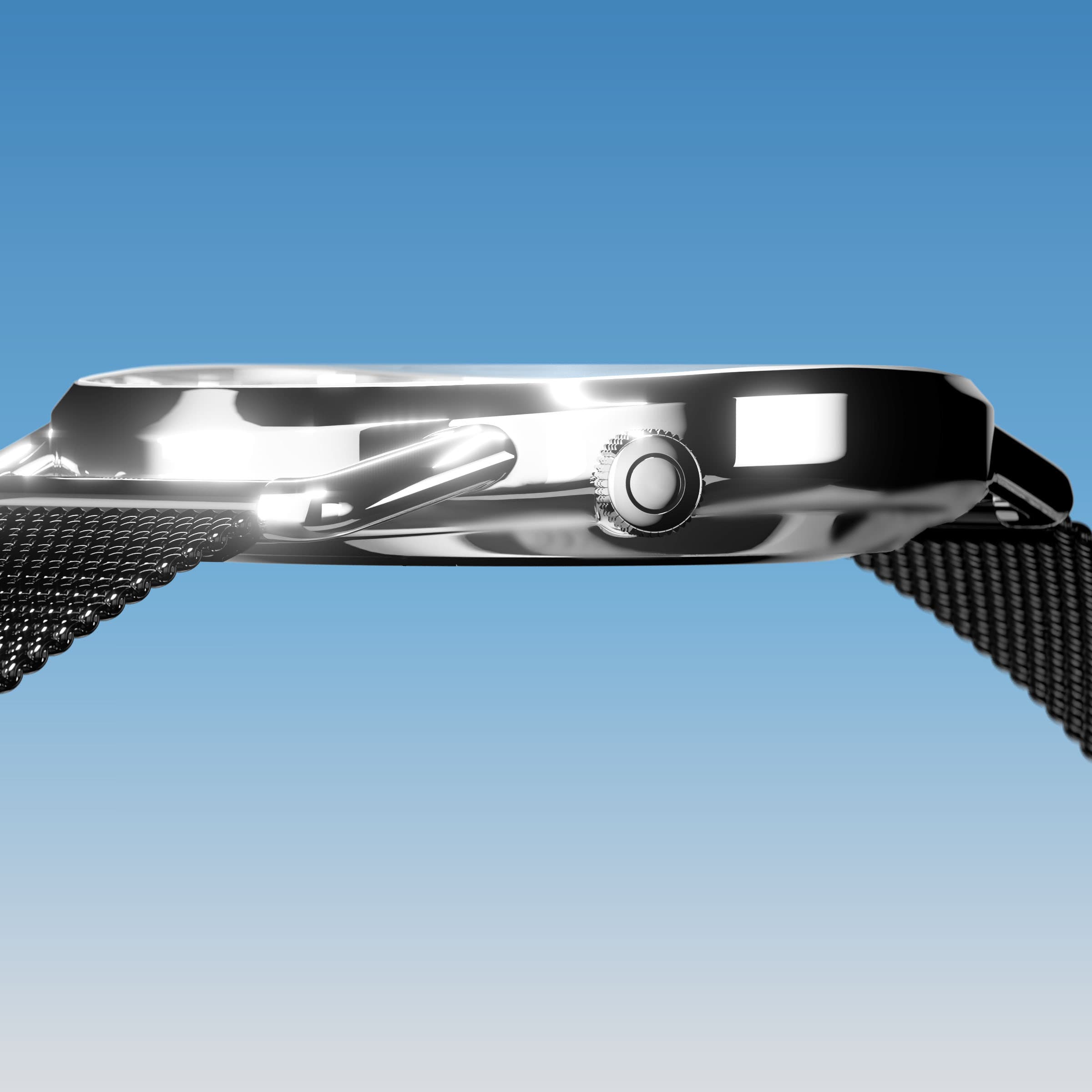 Side profile of the slim Solios Solar Curve, 10mm-thin silver case and crown, the blue dial variation, black mesh metal strap