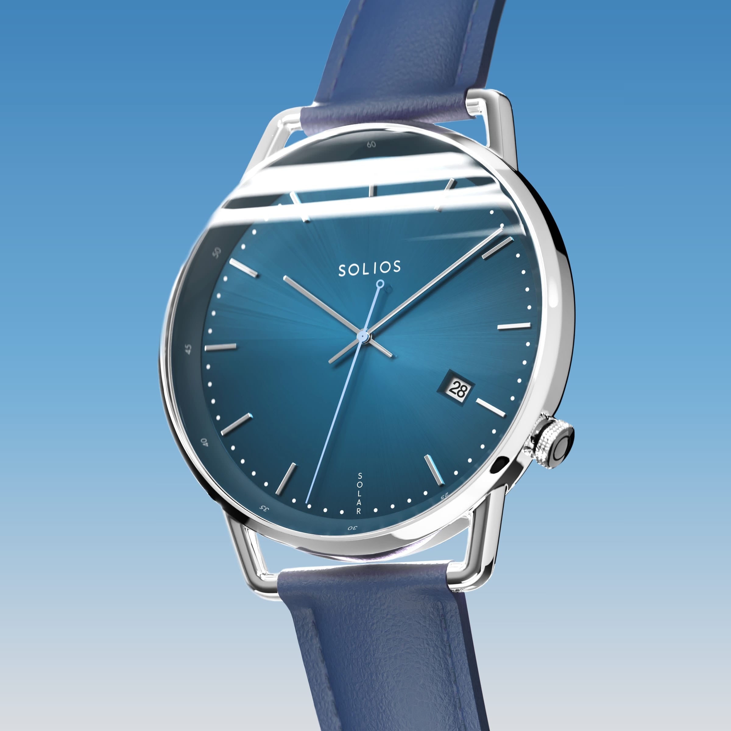 Solios Solar Curve, blue dial and silver case, at a three-quarter angle, silver hands and indices, date calendar, curved sapphire crystal, blue vegan leather strap