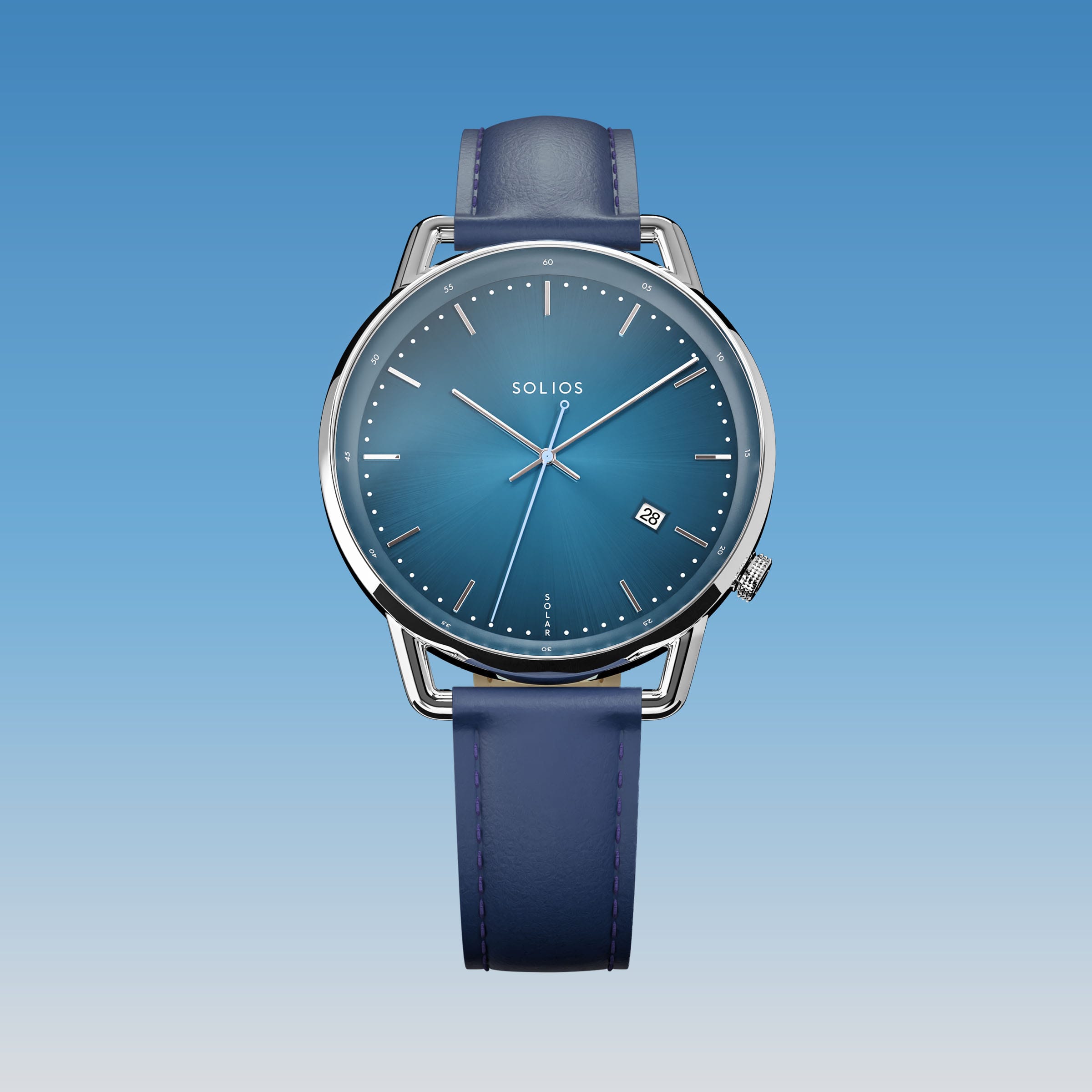 Solios Solar Curve watch, blue dial and silver 40mm case, on a bleu vegan leather strap, front view
