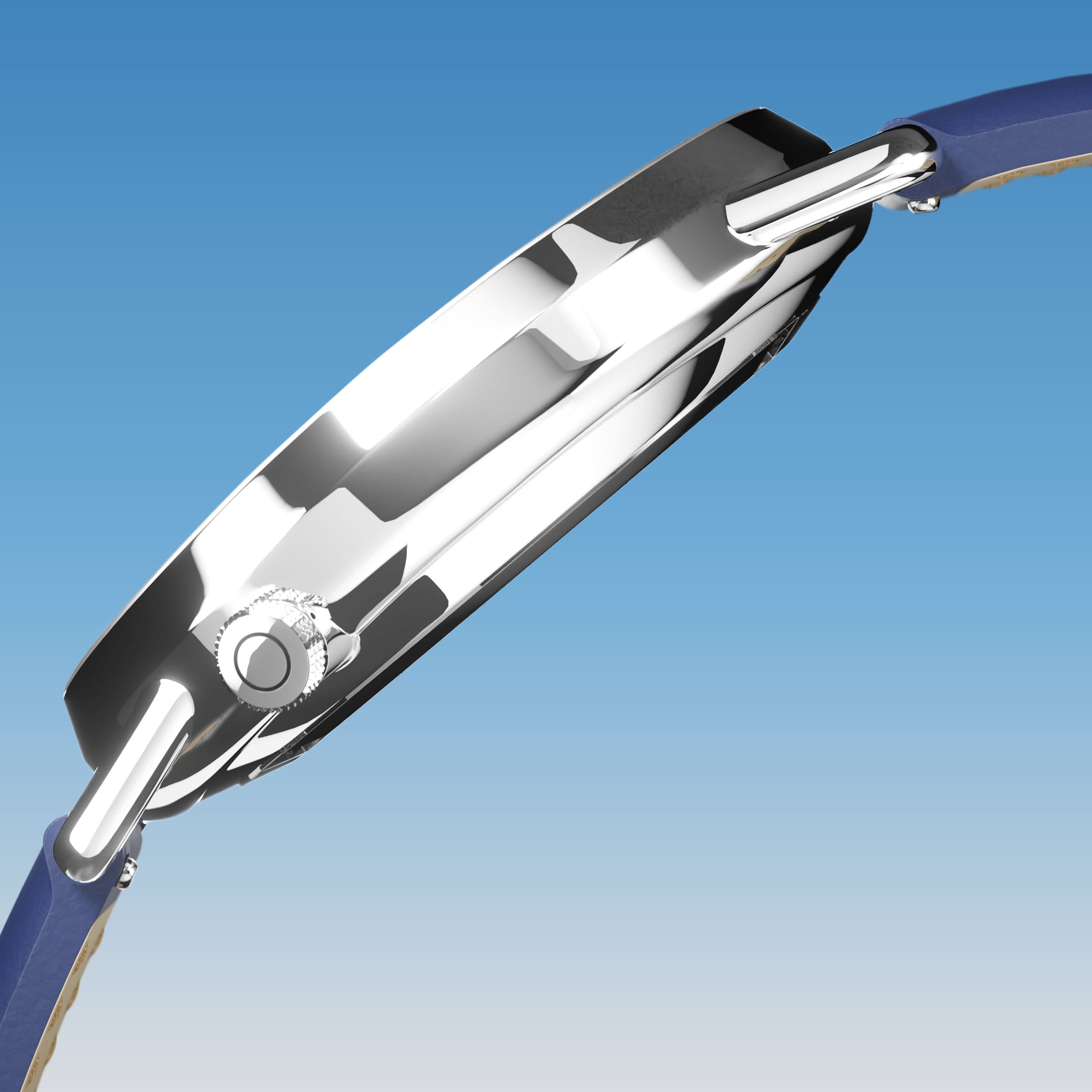 Side profile of the Solios Solar Curve, blue dial and silver case, showing its curved sapphire crystal and crown, blue vegan leather strap