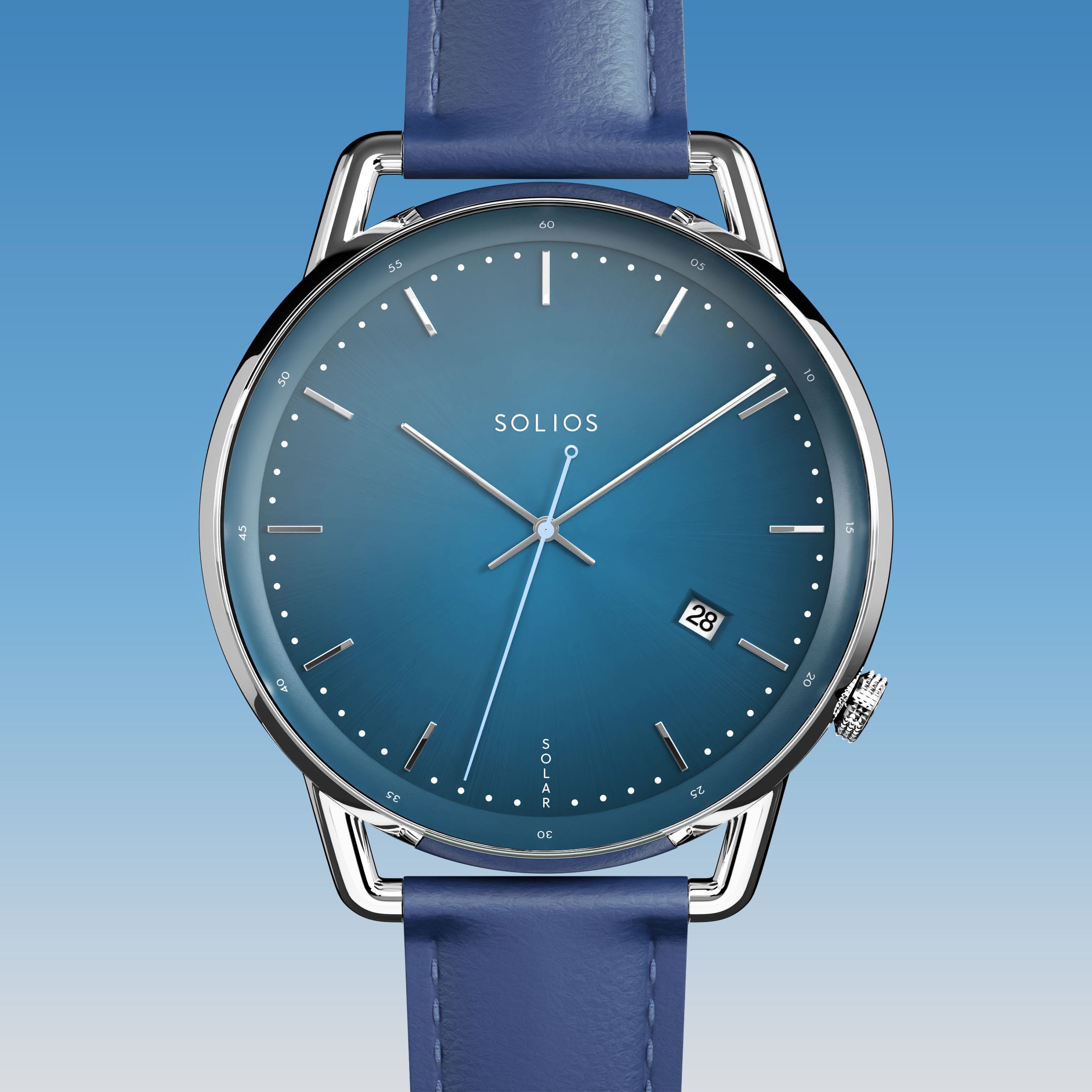 Solios Solar Curve solar watch, blue dial and silver 40mm case, blue vegan leather strap, close up front view