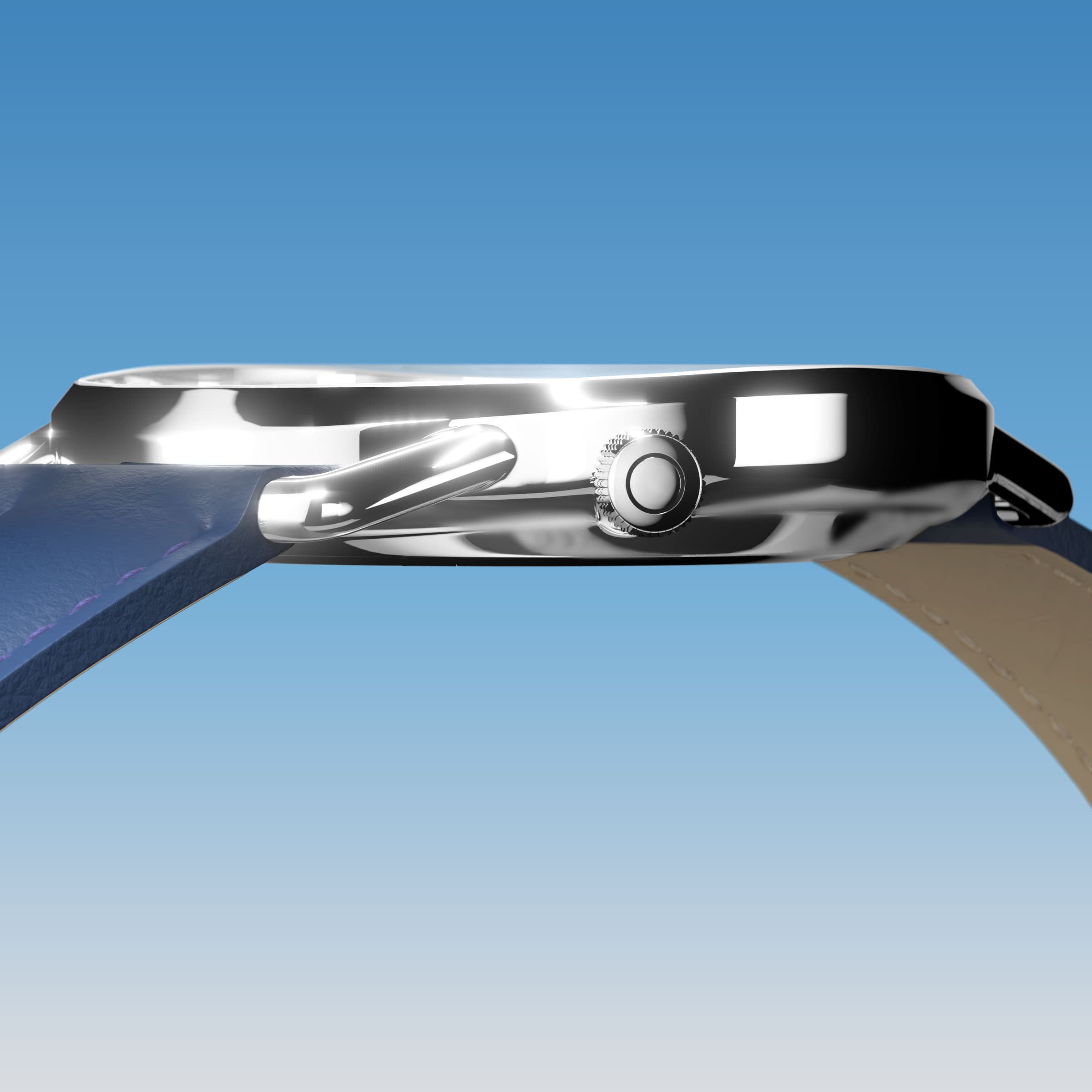 Side profile of the slim Solios Solar Curve, 10mm-thin silver case and crown, the blue dial variation, blue eco vegan leather strap