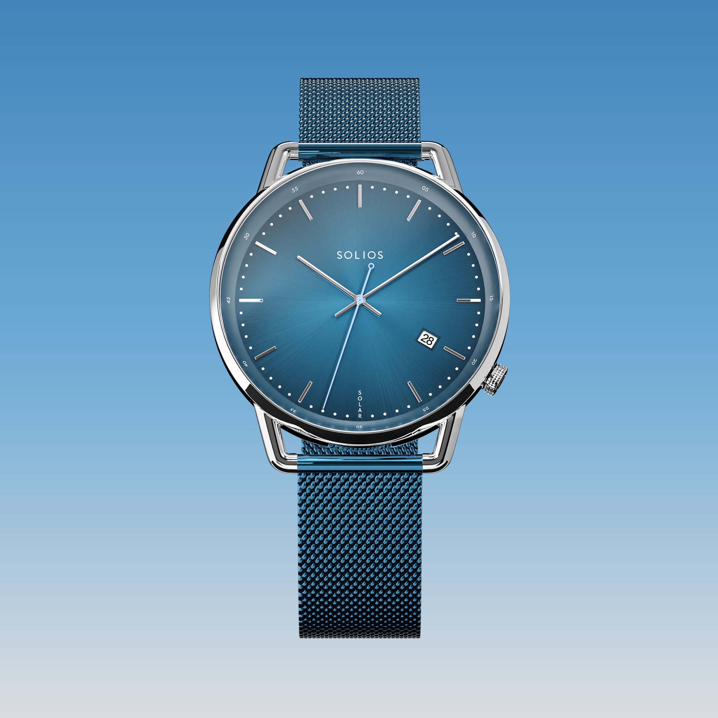 Solios Solar Curve watch, blue dial and silver 40mm case, on a blue mesh metal strap, front view