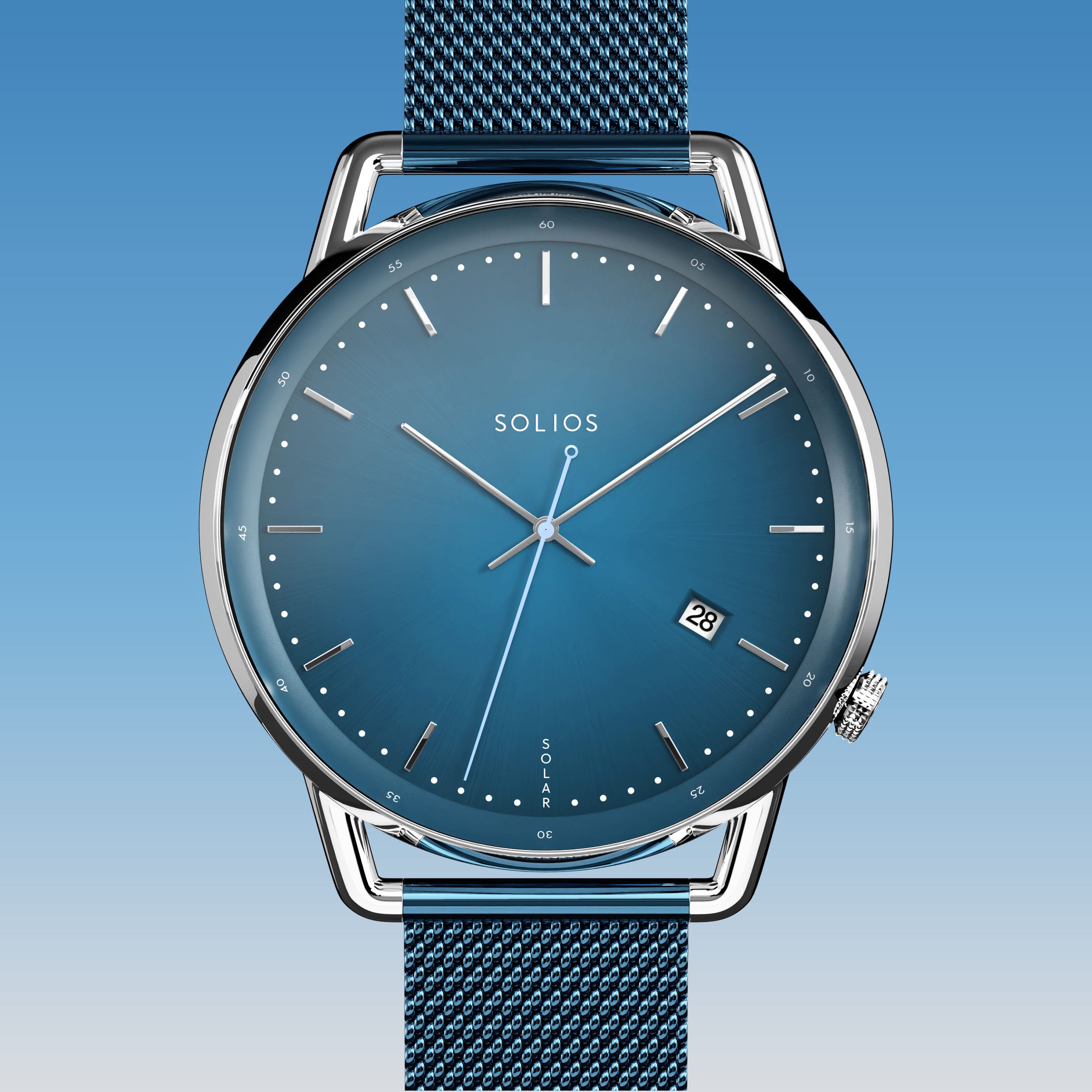 Solios Solar Curve solar watch, blue dial and silver 40mm case, blue mesh metal strap, close up front view