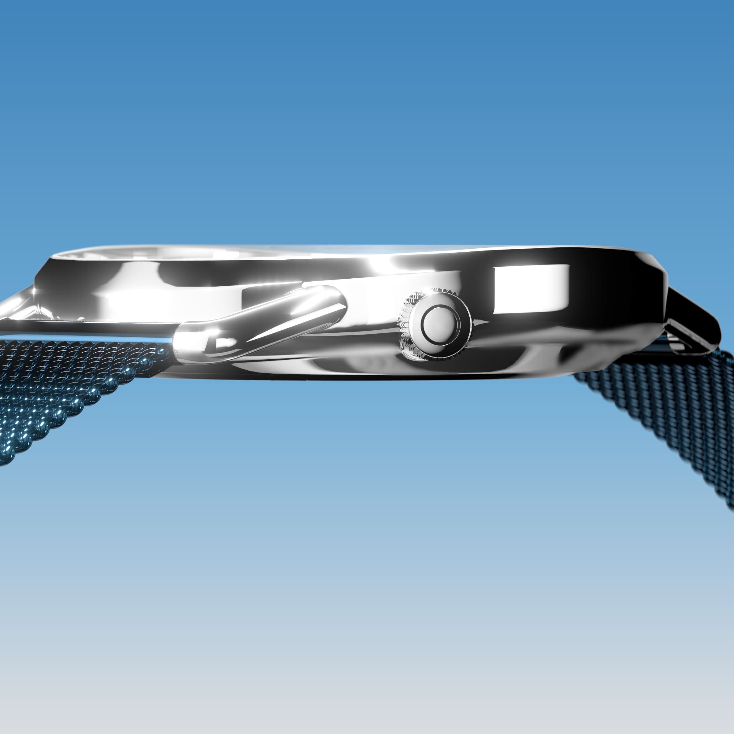 Side profile of the slim Solios Solar Curve, 10mm-thin silver case and crown, the blue dial variation, blue mesh metal strap