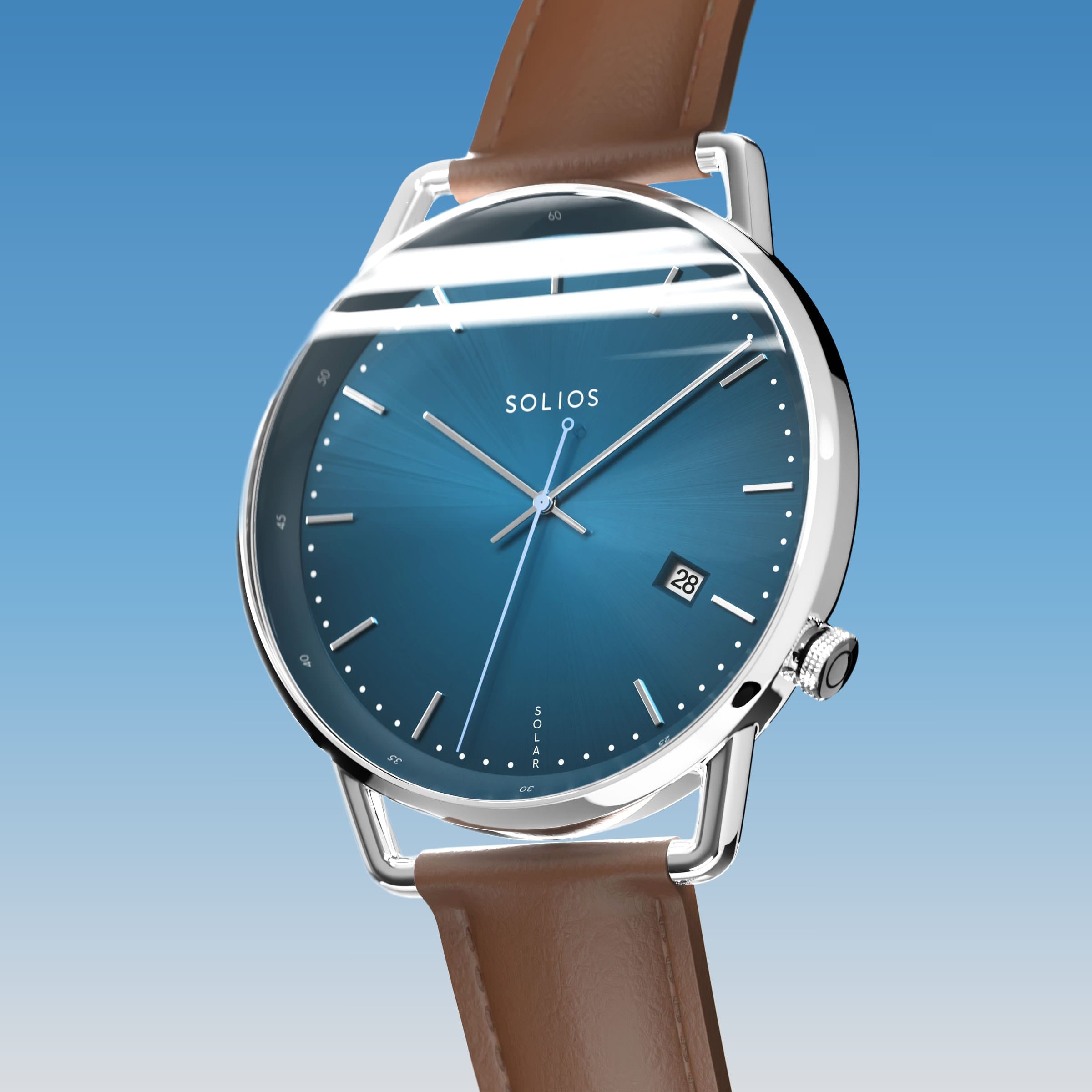 Solios Solar Curve, blue dial and silver case, at a three-quarter angle, silver hands and indices, date calendar, curved sapphire crystal, brown vegan leather strap