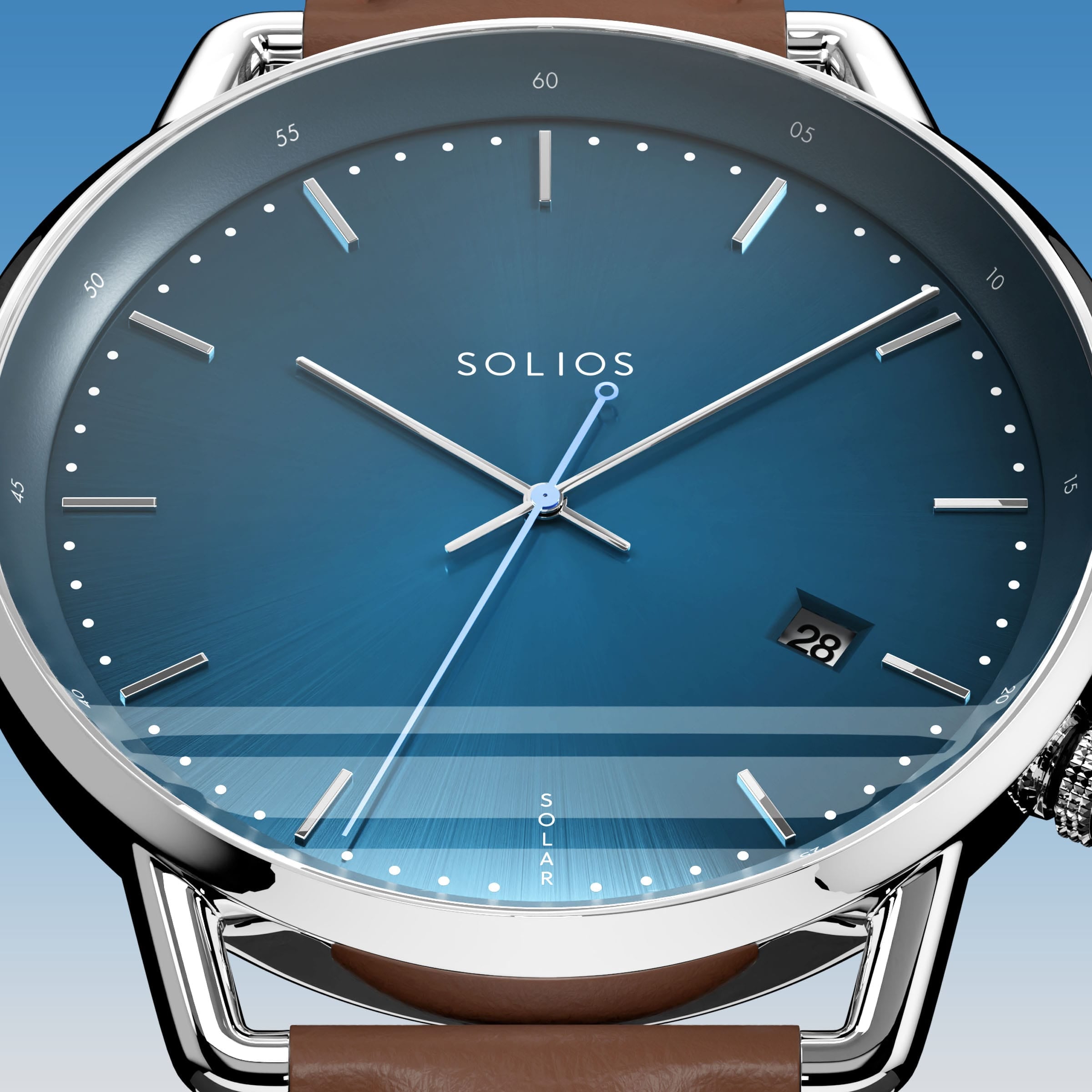Close-up of the Solios Solar Curve blue dial with silver hands, date and SOLAR text, brown eco vegan leather strap