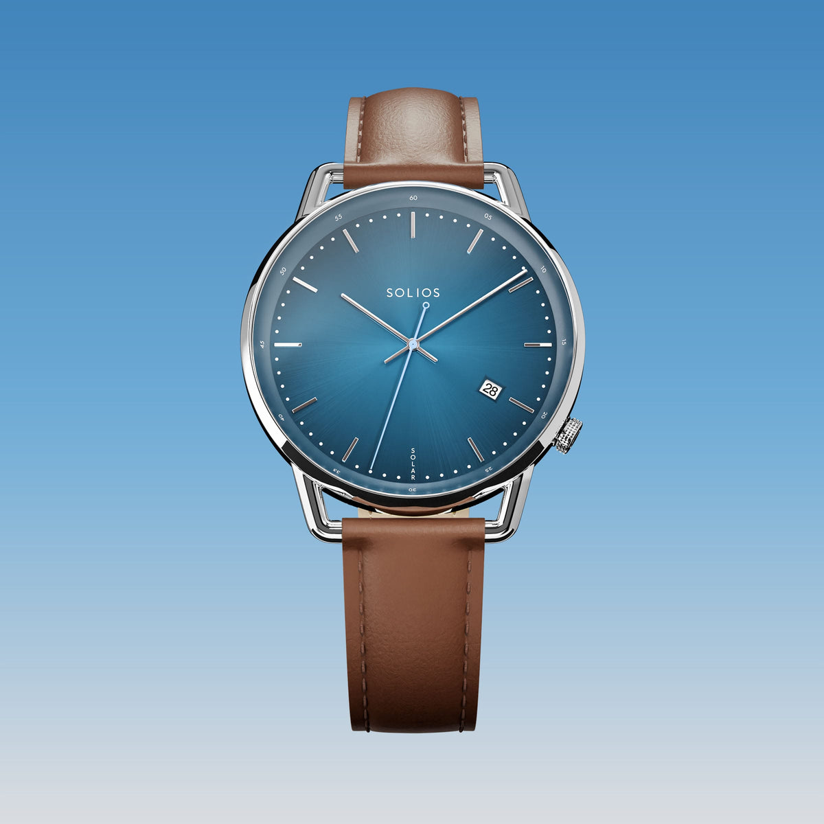 Solios Solar Curve watch, blue dial and silver 40mm case, on a brown vegan leather strap, front view