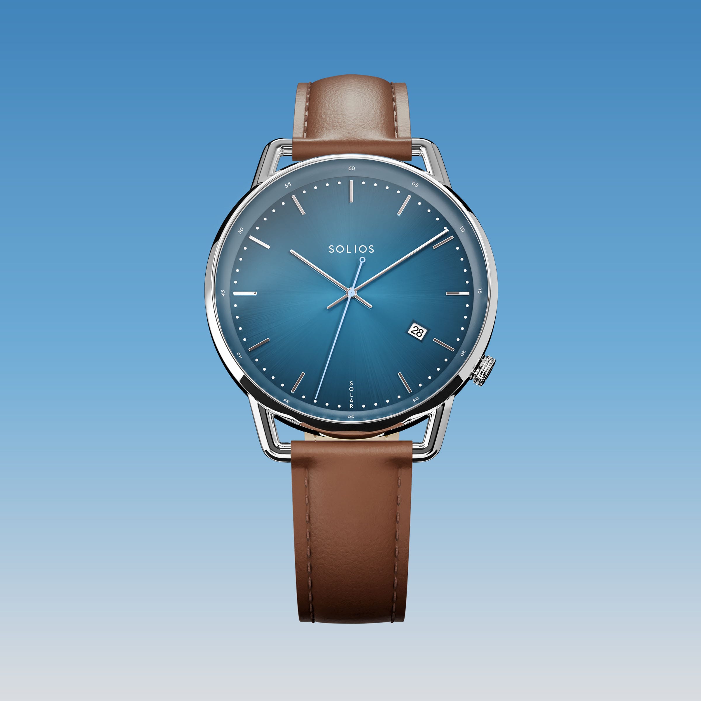 Solios Solar Curve watch, blue dial and silver 40mm case, on a brown vegan leather strap, front view