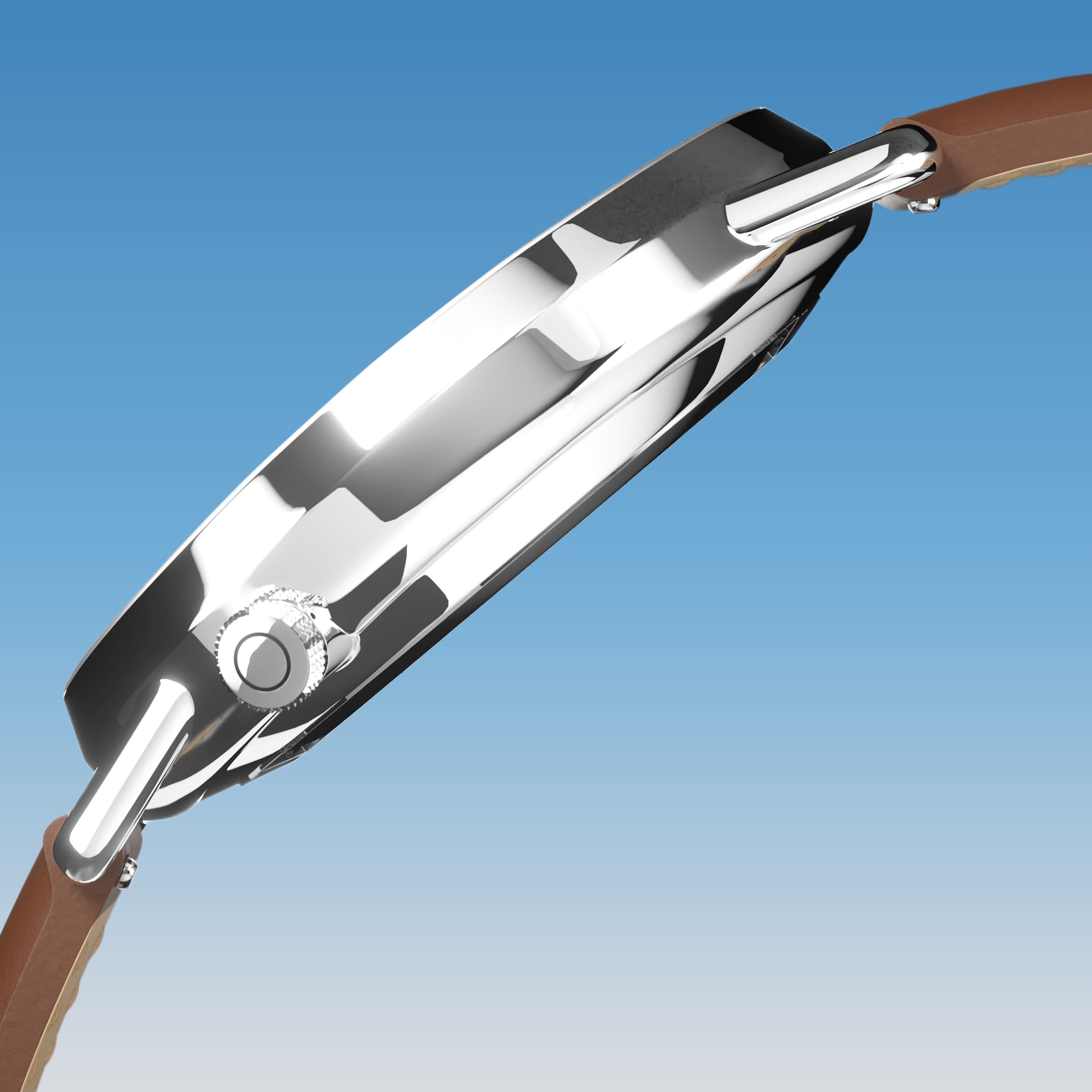 Side profile of the Solios Solar Curve, blue dial and silver case, showing its curved sapphire crystal and crown, brown vegan leather strap