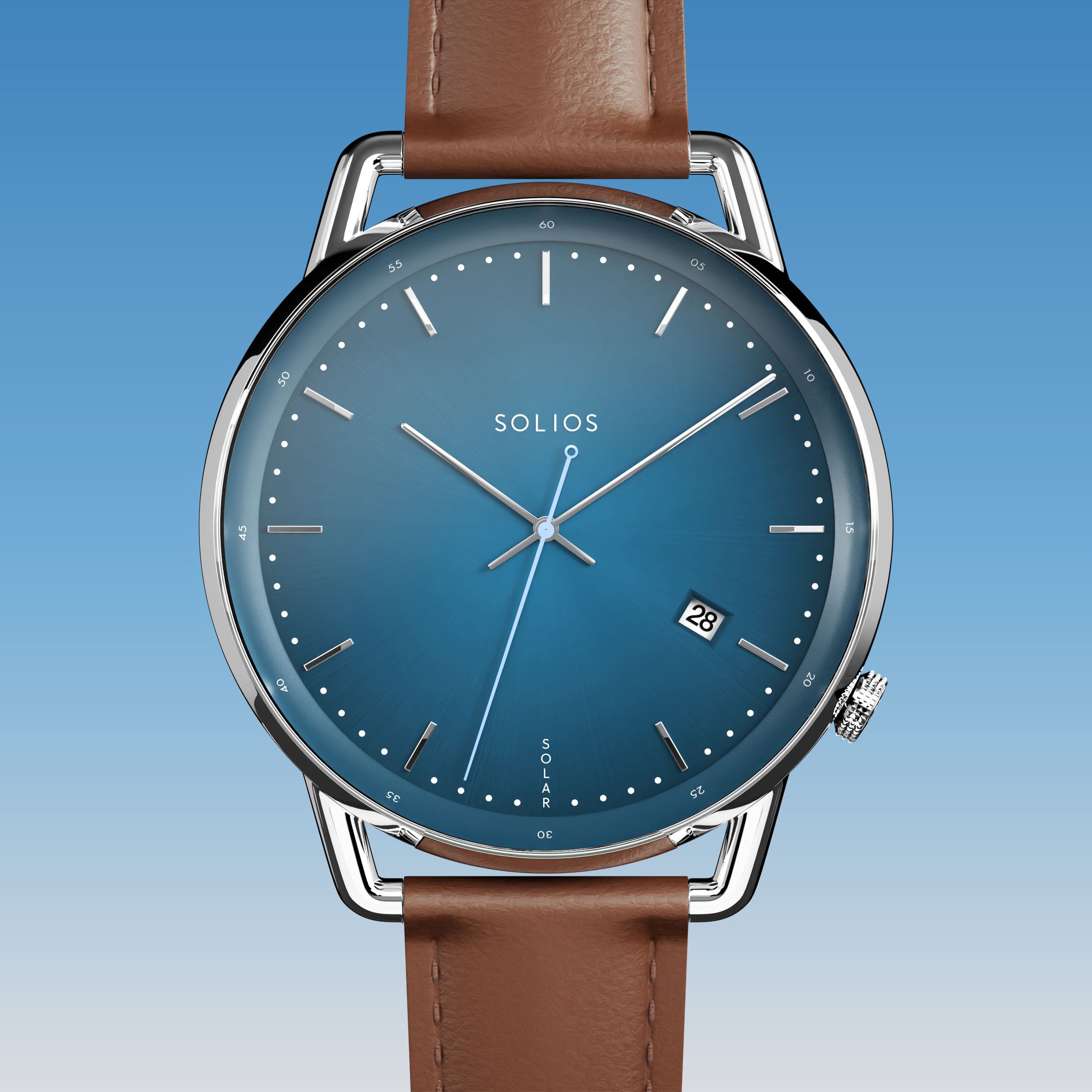 Solios Solar Curve solar watch, blue dial and silver 40mm case, brown vegan leather strap, close up front view