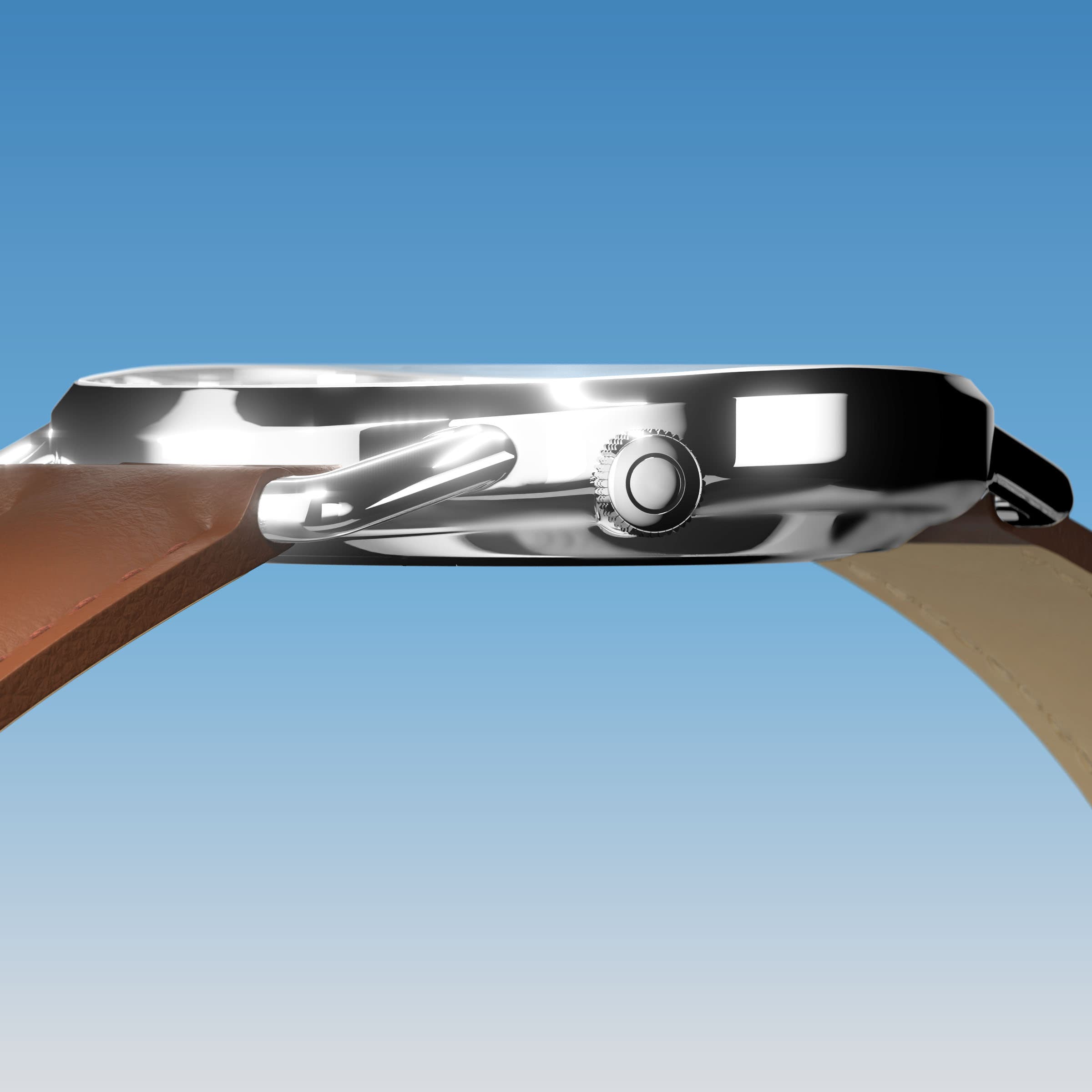 Side profile of the slim Solios Solar Curve, 10mm-thin silver case and crown, the blue dial variation, brown eco vegan leather strap