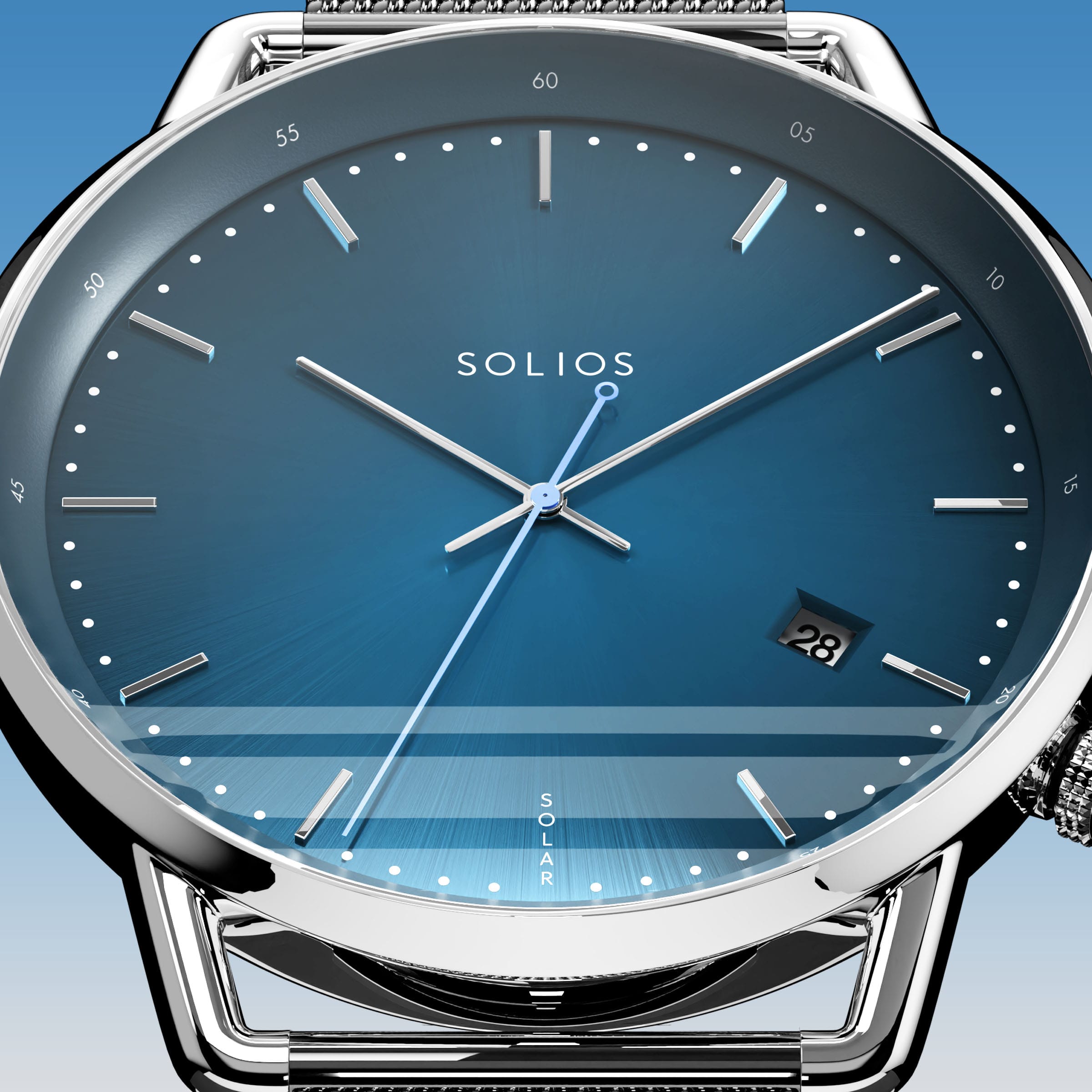 Close-up of the Solios Solar Curve blue dial with silver hands, date and SOLAR text, grey mesh metal strap
