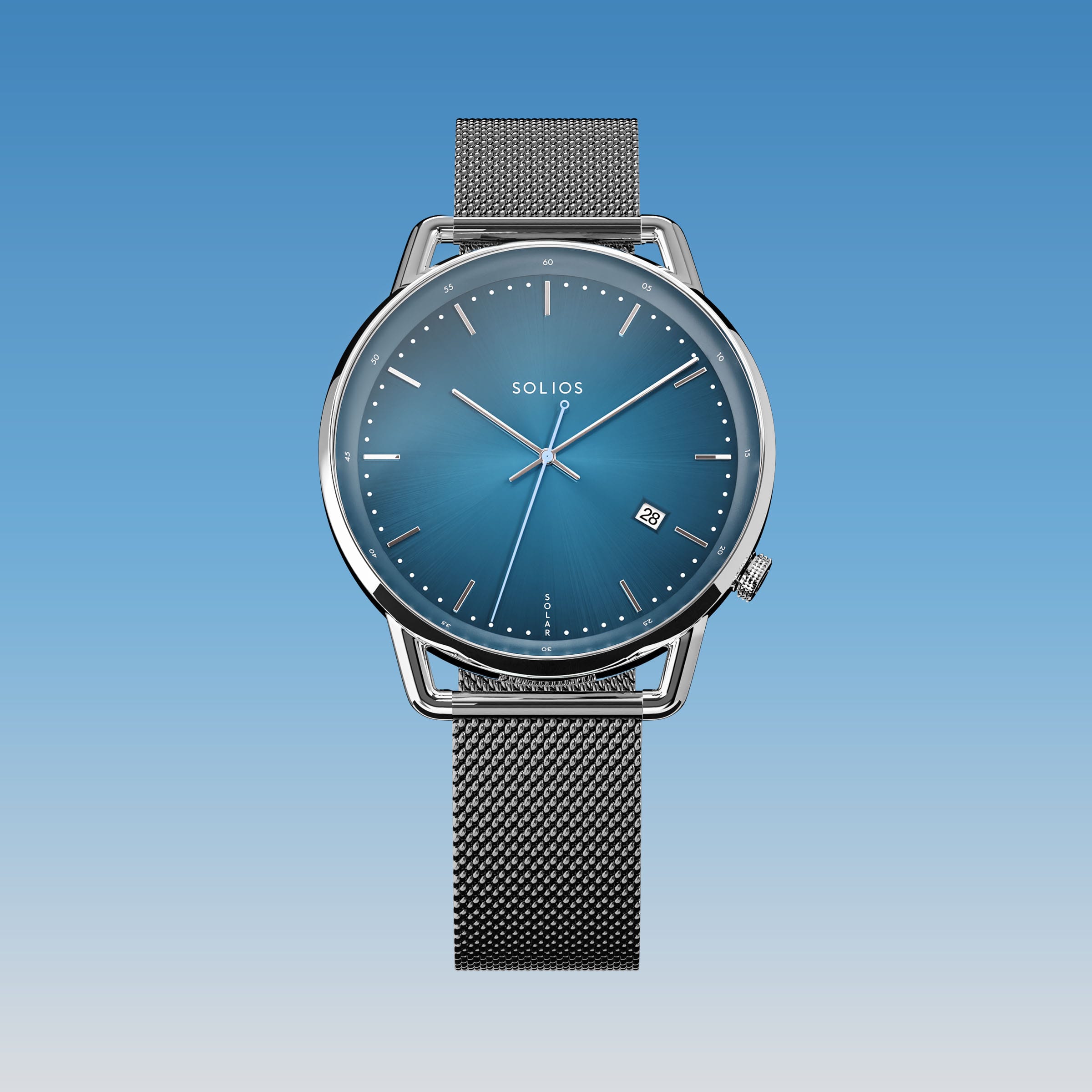 Solios Solar Curve watch, blue dial and silver 40mm case, on a dark grey mesh metal strap, front view