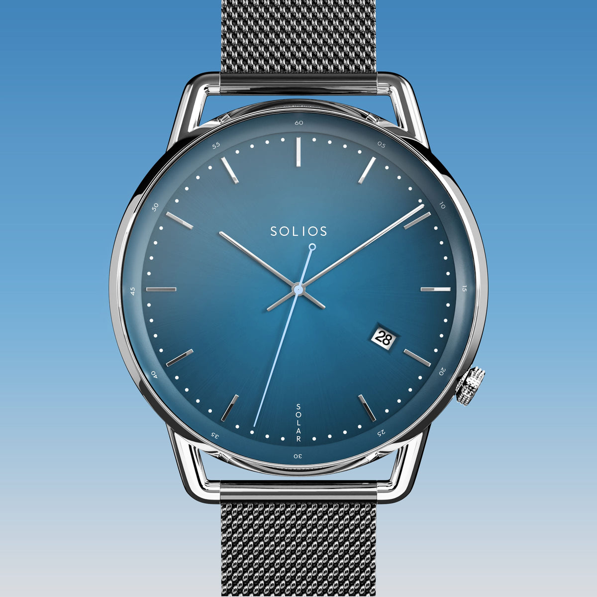 Solios Solar Curve solar watch, blue dial and silver 40mm case, grey mesh metal strap, close up front view