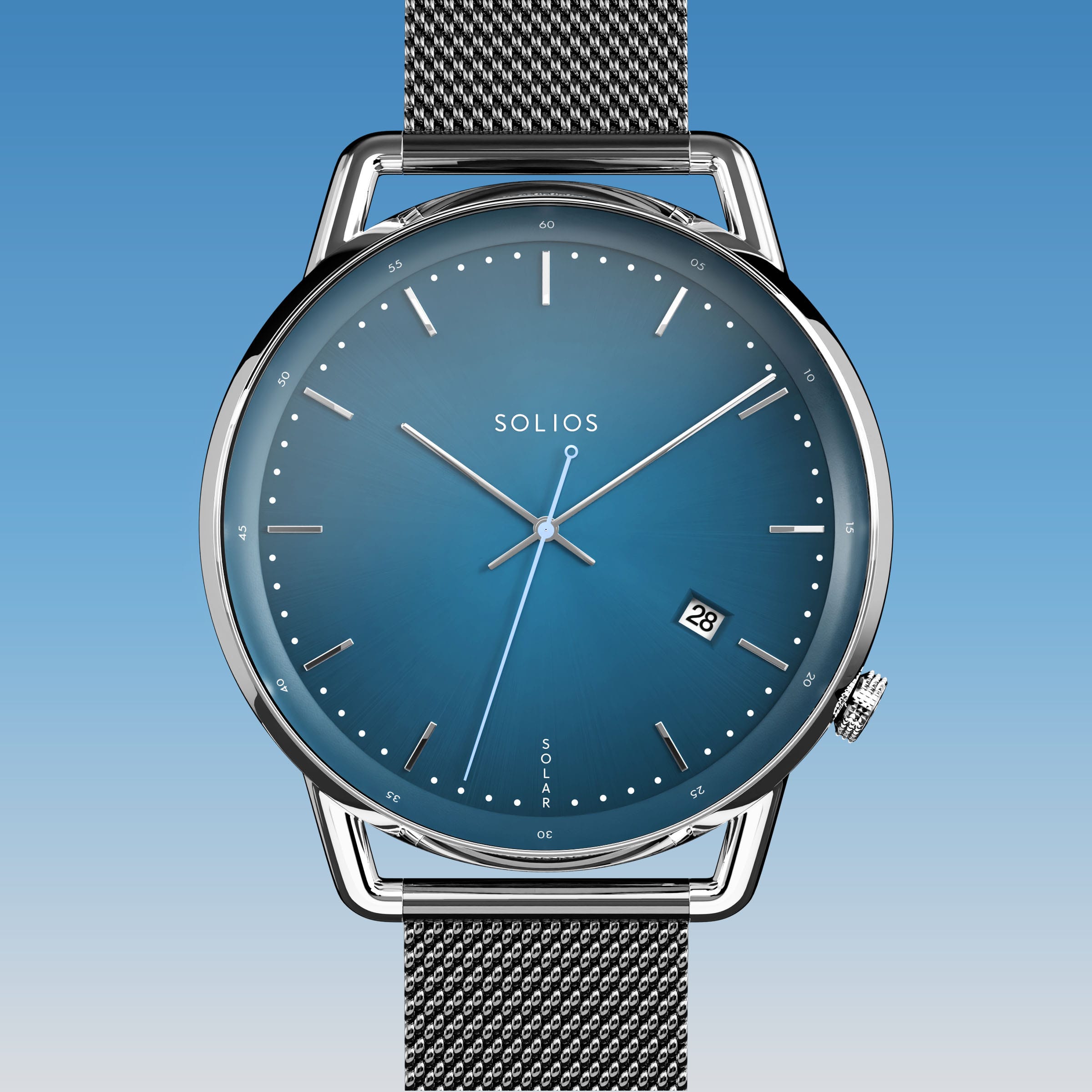 Solios Solar Curve solar watch, blue dial and silver 40mm case, grey mesh metal strap, close up front view