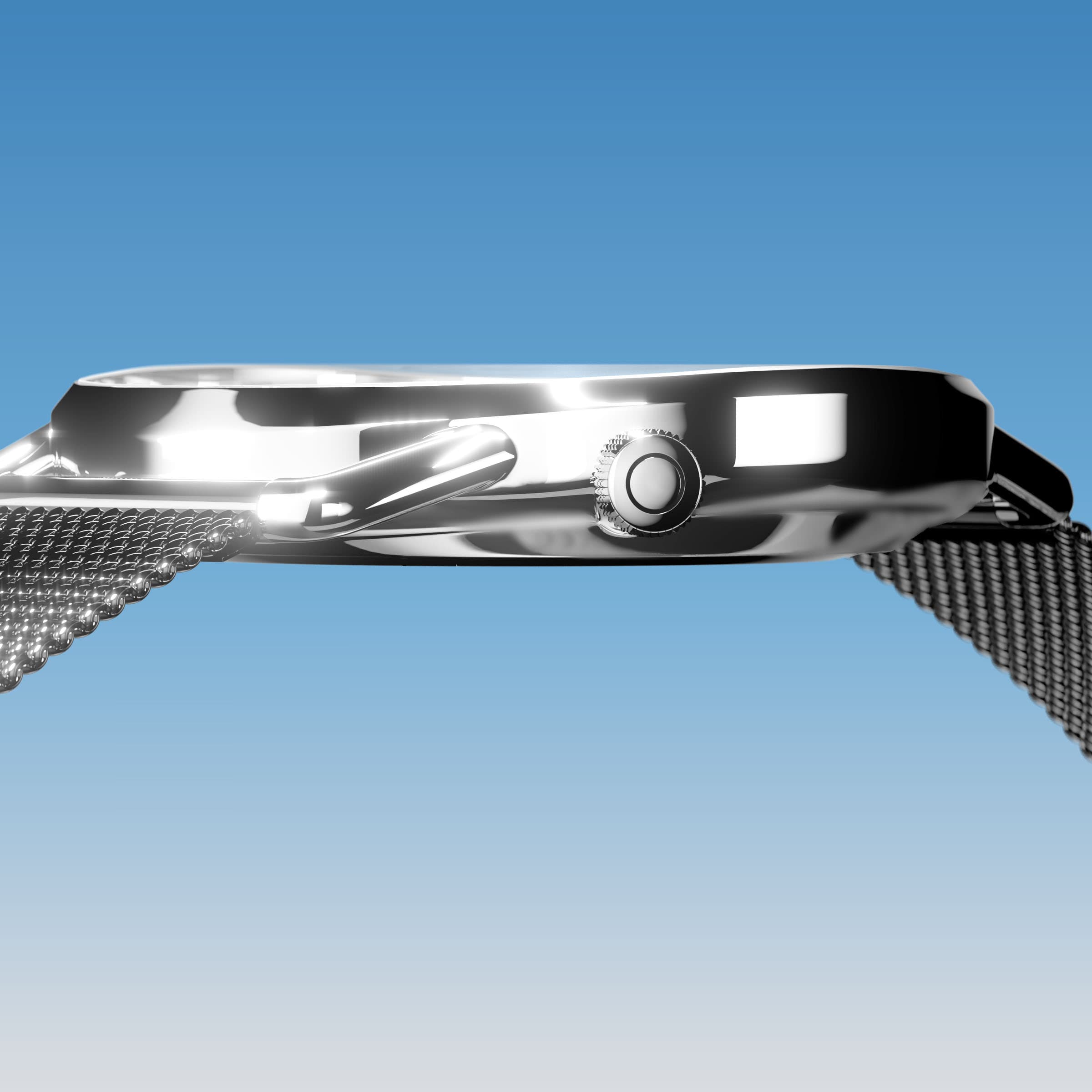 Side profile of the slim Solios Solar Curve, 10mm-thin silver case and crown, the blue dial variation, grey mesh metal strap