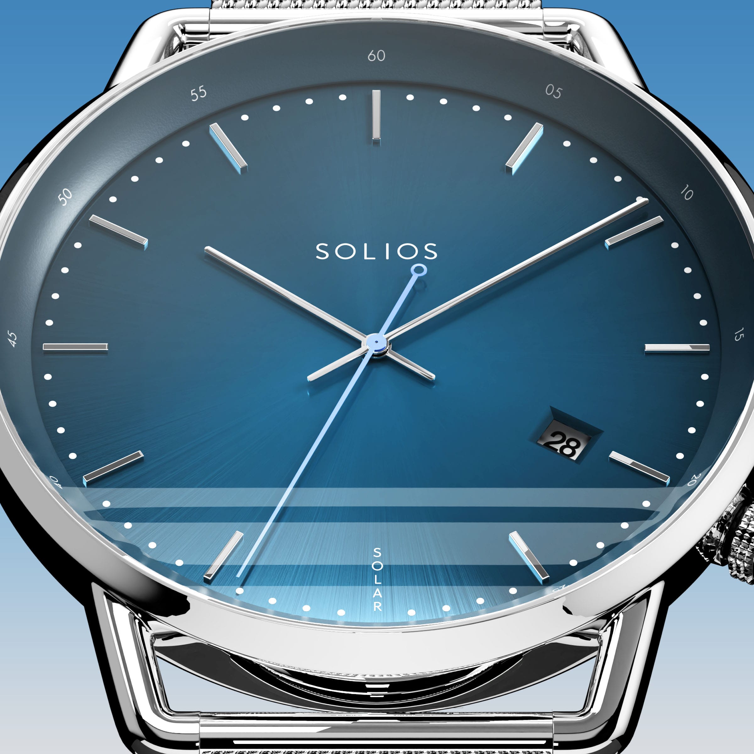 Close-up of the Solios Solar Curve blue dial with silver hands, date and SOLAR text, silver mesh metal strap