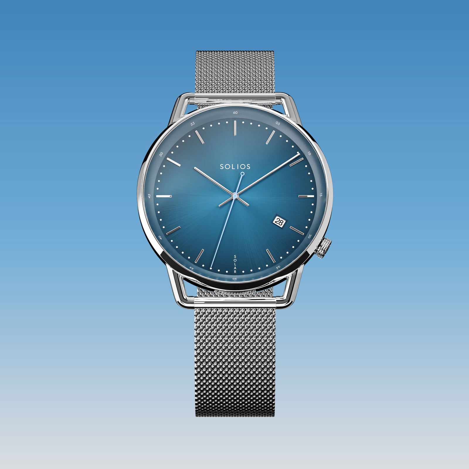 Solios Solar Curve watch, blue dial and silver 40mm case, on a silver mesh metal strap, front view