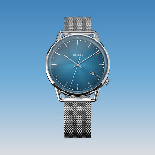 Solios Solar Curve watch, blue dial and silver 40mm case, on a silver mesh metal strap, front view