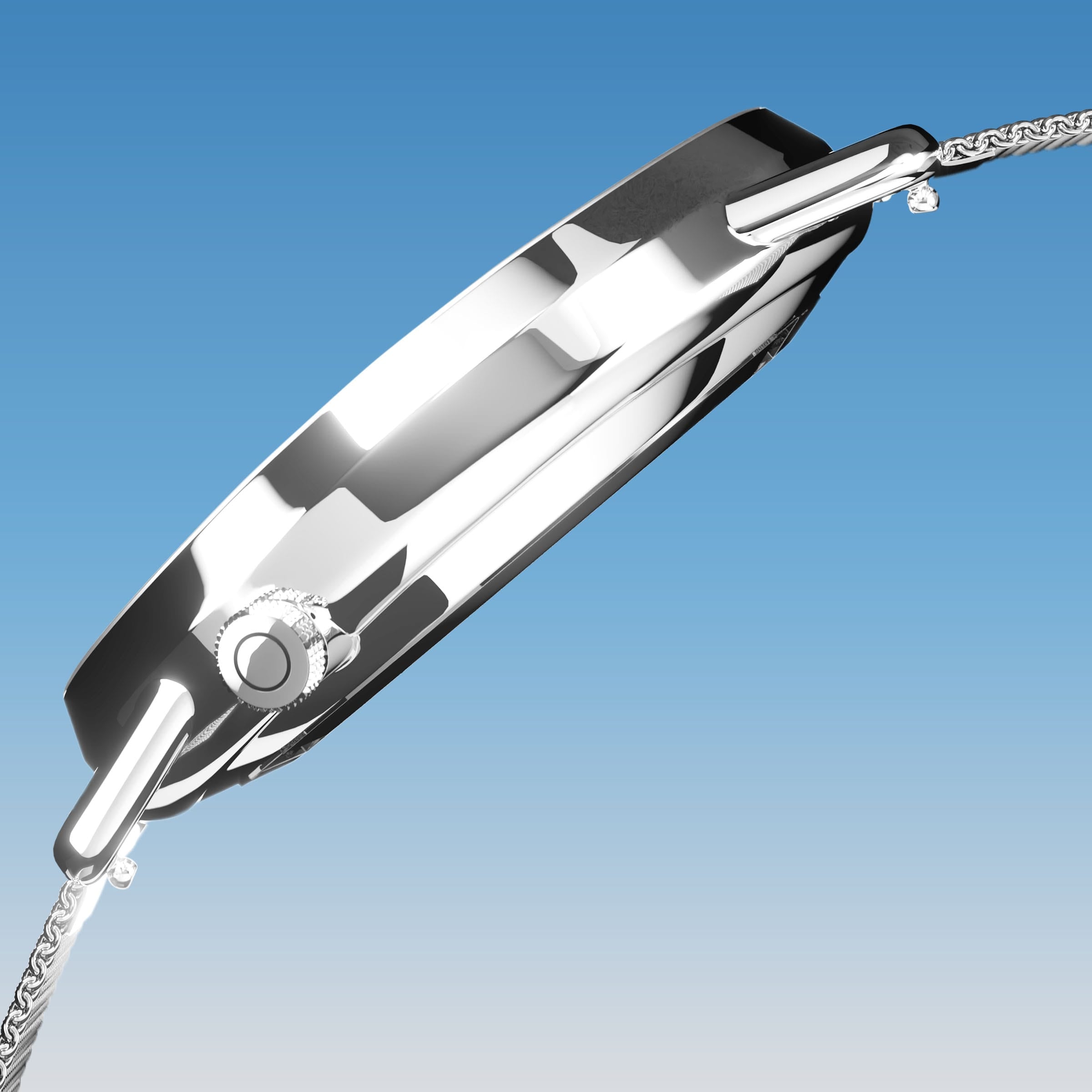 Side profile of the Solios Solar Curve, blue dial and silver case, showing its curved sapphire crystal and crown, silver mesh metal strap