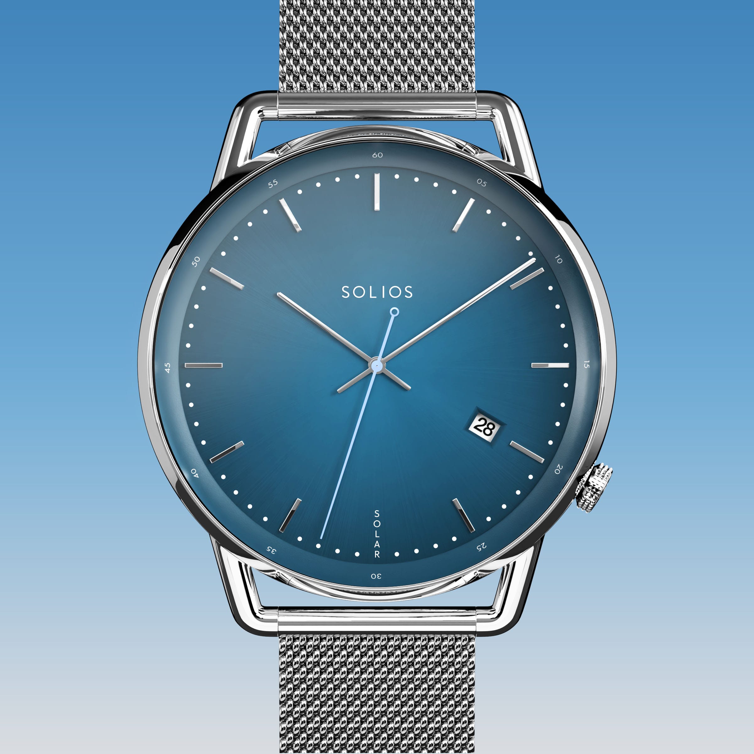 Solios Solar Curve solar watch, blue dial and silver 40mm case, silver mesh metal strap, close up front view