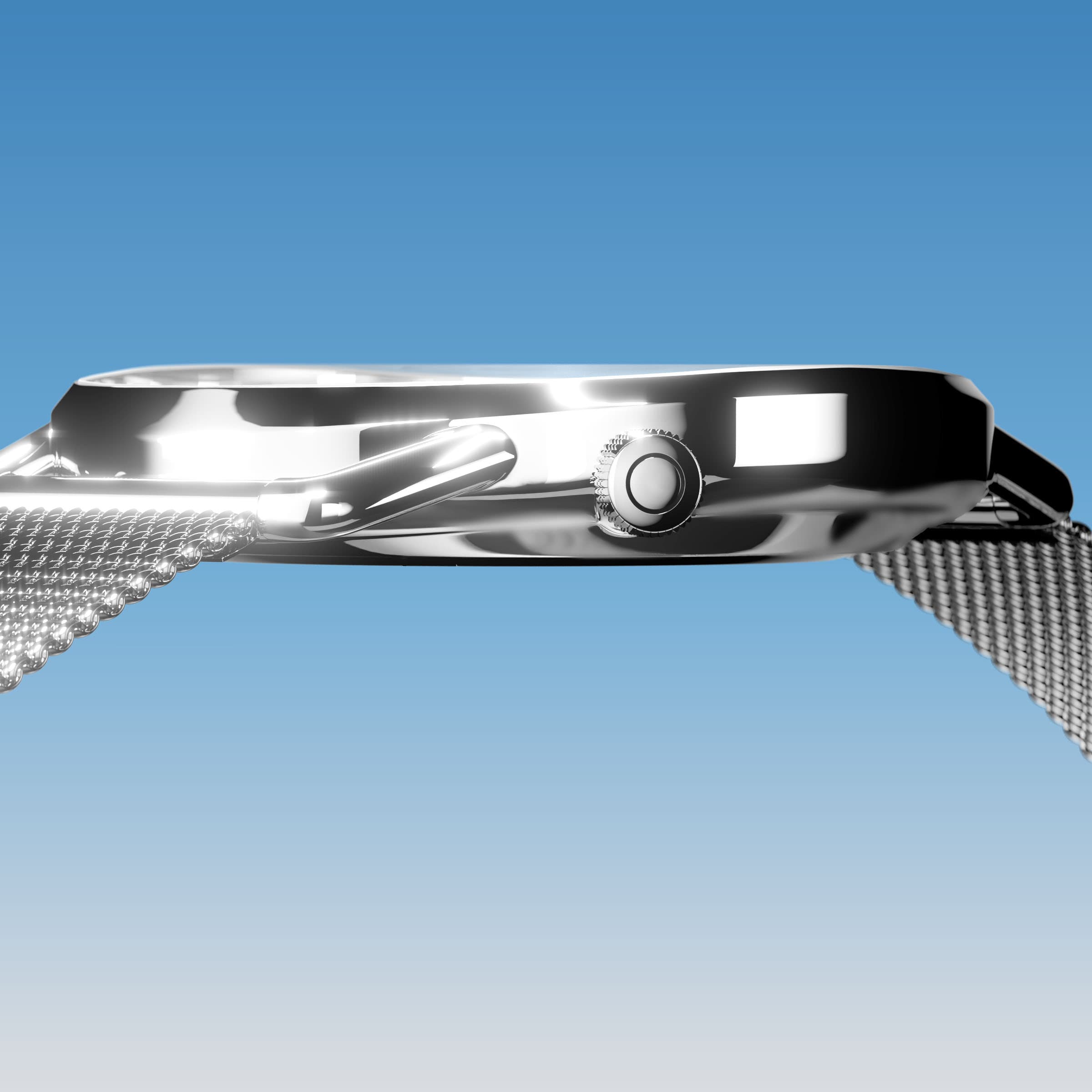 Side profile of the slim Solios Solar Curve, 10mm-thin silver case and crown, the blue dial variation, silver mesh metal strap