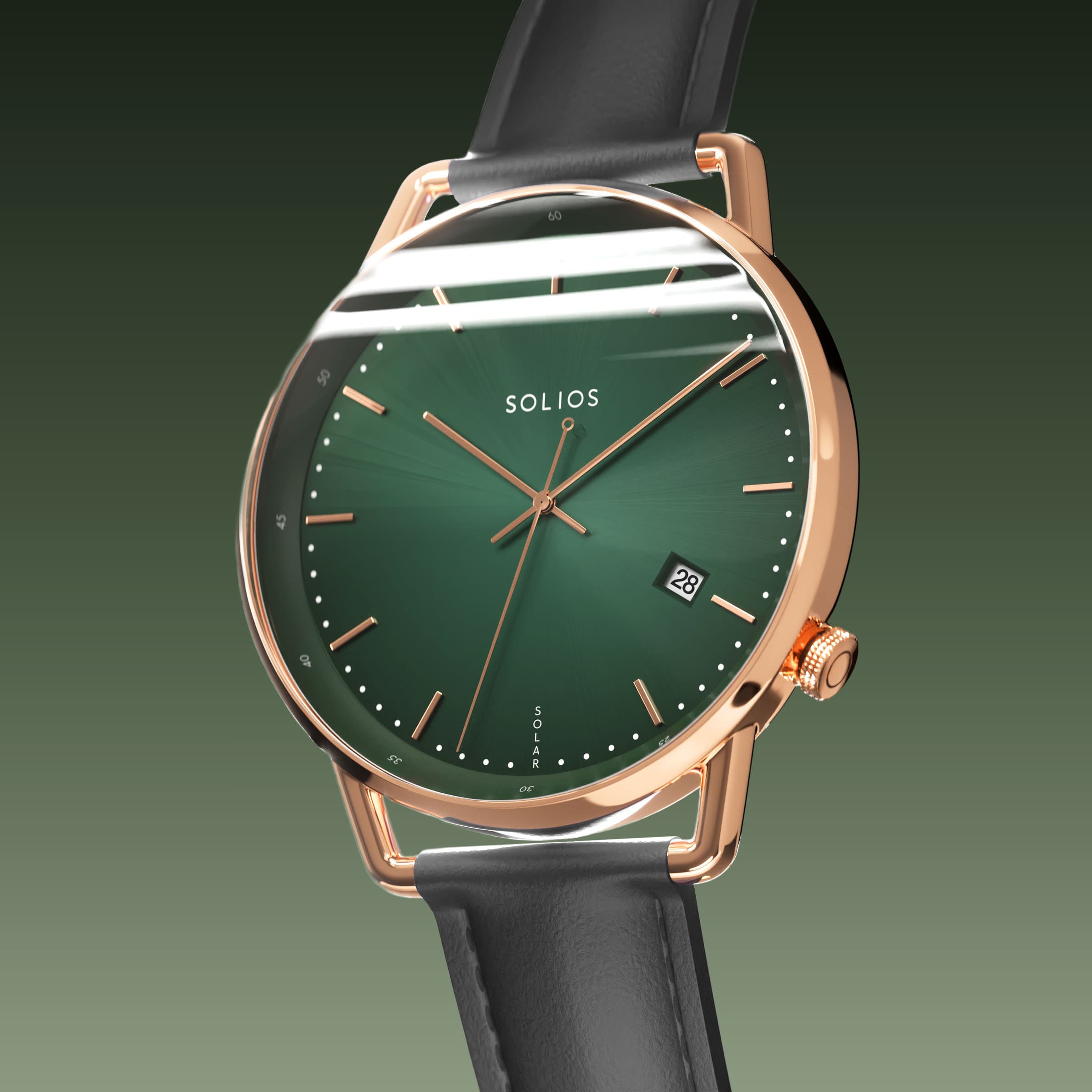 Solios Solar Curve, green dial and rose gold case, at a three-quarter angle, rose gold and indices, date calendar, curved sapphire crystal, black vegan leather strap