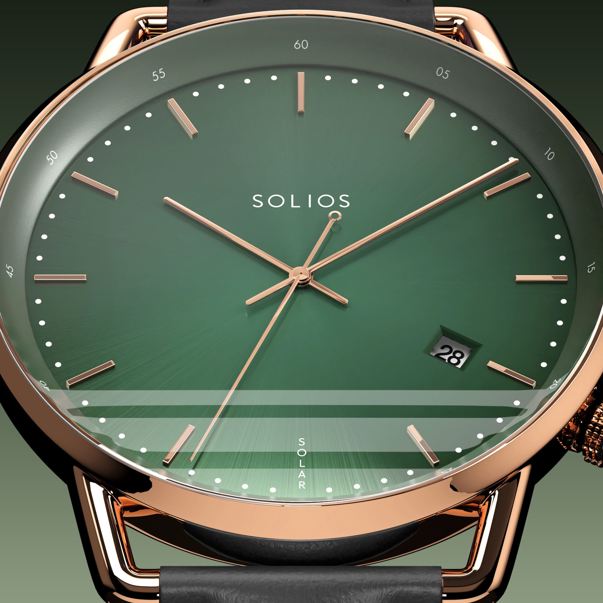Close-up of the Solios Solar Curve green dial with rose gold hands and case, date and SOLAR text, black vegan leather strap